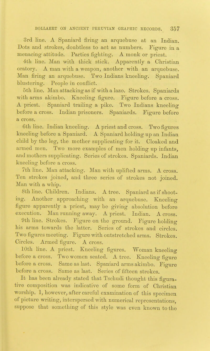 3rd line. A Spaniard fii-ing an arquebuse at an Indian. Dots and strokes, doubtless to act as numbers. Figure in a menacing attitude. Parties fighting. A monk or priest. 4th line, Man with thick stick. Apparently a Christian oratory. A man with a weapon, another with an arquebuse. Man firing an arquebuse. Two Indians kneeling. Spaniard blustering. People in conflict. 5th line. Man attacking as if with a lazo. Strokes. Spaniards with arms akimbo. Kneeling figure. Figure before a cross. A priest. Spaniard traiHng a pike. Two Indians kneeling before a cross. Indian prisoners. Spaniards. Figure before a cross. 6th line. Indian kneeling. A priest and cross. Two figures kneeling before a Spaniard. A Spaniard holding up an Indian child by the leg, the mother supplicating for it. Cloaked and armed men. Two more examples of men holding up infants, and mothers supplicating. Series of strokes. Spaniards. Indian kneeling before a cross. 7th line. Man attacking. Man with uplifted arms. A cross. Ten strokes joined, and three series of strokes not joined. Man with a whip. 8th line. Children. Indians. A tree. Spaniard as if shoot- ing. Another approaching with an arquebuse. Kneeling figure apparently a priest, may be giving absolution before execution. Man running away, A priest. Indian. A cross, 9th line. Strokes. Figure on the ground. Figure holding his arms towards the latter. Series of strokes and circles. Two figures meeting. Figure with outstretched arms. Strokes. Circles. Armed figure. A cross. 10th line. A priest. Kneeling figures. Woman kneeling befoi-e a cross. Two women seated. A tree. Kneeling figure before a cross. Same as last. Spaniard arms akimbo. Figure before a cross. Same as last. Series of fifteen strokes. It has been already stated that Tschudi thought this figura- tive composition was indicative of some form of Christian worship. I, however, after careful examination of this specimen of picture writing, interspersed with numerical representations, suppose that something of this style was even known to tho