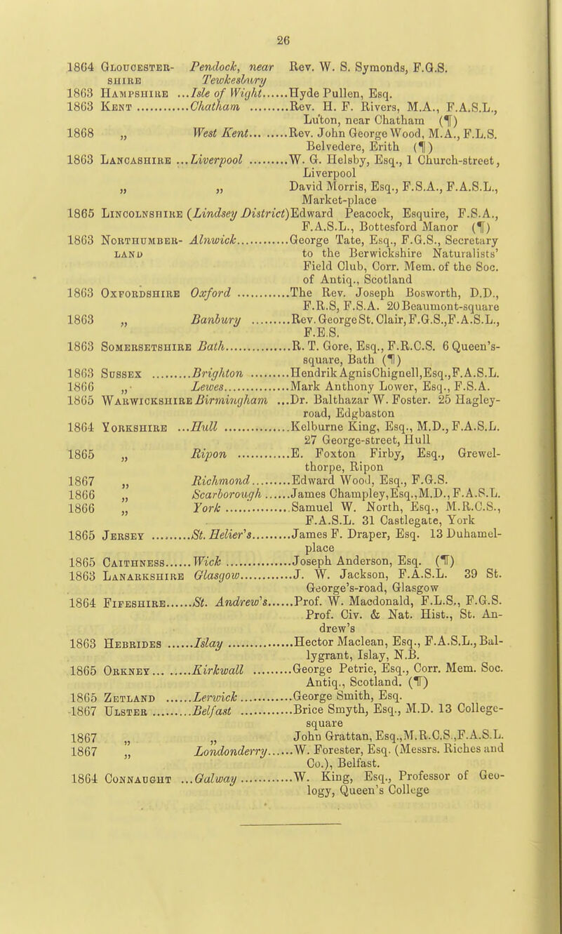 18G4 Gloucester- Pendock, near Rev. W. S. Symonds, F.Q.S. suiBE Tewke&hnry 18G3 IIampshiiie ...Isle of Wiyht Hyde Pullen, Esq. 1863 Kent Chatham Rev. _H. F. Rivera, M.A., F.A.S.L., Luton, near Chatham (^) 1868 „ West Kent Rev. John George Wood, M. A., F.L.S. Belvedere, Erith (1) 1863 Lancashire ...Liverpool W. G. Helsby, Esq., 1 Church-street, Liverpool „ „ David Morris, Esq., F.S.A., F.A.S.L., Market-place 1865 LiNCOLNsniKB (Ziwc^sey i)Minrt)Edward Peacock, Esquire, F.S.A., F.A.S.L., Bottesford Manor (If) 1863 NoRTHUMBEii- Ahiwick George Tate, Esq., F.G.S., Secretary LANu to the Berwickshire Naturalists' Field Club, Corr. Mem. of the Soc. of Antiq., Scotland 1863 Oxfordshire Oxford The Rev. Joseph Bosworth, D.D., F.R.S, F.S.A. 20Beaumont-square 1863 „ Banbury Rev.GeorgeSt.Clair,F.G.S.,F.A.S.L., F.E.S. 1863 Somersetshire 5a<A R. T. Gore, Esq., F.R.C.S. BQueenV square, Bath (H) 1863 Sussex Brighton Hendrik AgnisChignell,Esq.,F.A.S.L. 1866 „■ Lewes Mark Anthony Lower, Esq., F.S.A. 1865 Warwickshire.flin/iiw(//iam ...Dr. Balthazar W. Foster. 25 Hagley- road, Edgbaston 1864 Yorkshire ...Hull Kclburne King, Esq., M.D., F.A.S.L. 27 George-street, Hull 1865 „ Ripon E. Foxton Firby, Esq., Grewel- thorpe, Ripon 1867 „ Richmond Edward Wood, Esq., F.G.S. 1866 „ Scarborough James Champley,Esq.,M.D., F.A.S.L. 1866 „ York '. Samuel W. North, Esq., M.R.G.S., F.A.S.L. 31 Castlegate, York 1865 Jersey St. Helier's James F. Draper, Esq. 13 Duhamel- place 1865 Caithness Wick Joseph Anderson, Esq. (T) 1863 Lanarkshire Glasgow J. W. Jackson, F.A.S.L. 39 St. George's-road, Glasgow 1864 Fipeshirb St. Andrew's Prof. W. Macdonald, F.L.S,, F.G.S. Prof. Civ. & Nat. Hist., St. An- drew's 1863 Hebrides Islay Hector Maclean, Esq., F.A.S.L., Bal- lygrant, Islay, N.B. 1865 Orkney Kirkwall George Petrie, Esq., Corr. Mem. Soc. Antiq., Scotland. (IT) 1865 Zetland Lerwick George Smith, Esq. 1867 Ulster Belfast Brice Smyth, Esq., M.D. 13 College- square 1867 „ „ John Grattan,Esq.,M.R.C.S.,F.A.S.L. 1867  Londonderry W. Forester, Esq. (Messrs. Riches and Co.), Belfast. 1864 Connaught ...Qalway W. King, Esq., Professor of Geo- logy, Queen's College