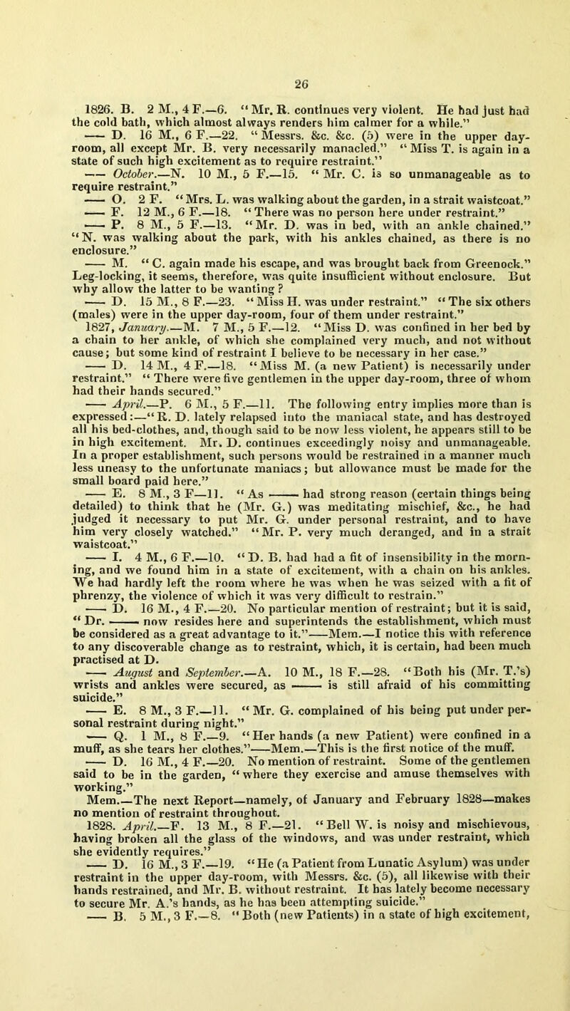 1826. B. 2 M., 4 F.—6. “ Mr. R. continues very violent. He had just had the cold bath, which almost always renders him calmer for a while.” D. 16 M., 6 F.—22. “ Messrs. &c. &c. (5) were in the upper day- room, all except Mr. B. very necessarily manacled.” “ Miss T. is again in a state of such high excitement as to require restraint.” October.—N. 10 M., 5 F.—15. “ Mr. C. i3 so unmanageable as to require restraint.” O. 2 F. “ Mrs. L. was walking about the garden, in a strait waistcoat.” — F. 12 M., 6 F.—18. “ There was no person here under restraint.” ■—■ P. 8 M., 5 F.—13. “Mr. D. was in bed, with an ankle chained.” “N. was walking about the park, with his ankles chained, as there is no enclosure.” M. “ C. again made his escape, and was brought back from Greenock.” Leg-locking, it seems, therefore, was quite insufficient without enclosure. But why allow the latter to be wanting ? D. 15 M., 8 F.—23. “ Miss H. was under restraint.” “ The six others (males) were in the upper day-room, four of them under restraint.” 1827. January—M. 7 M., 5 F.—12. “Miss D. was confined in her bed by a chain to her ankle, of which she complained very much, and not without cause; but some kind of restraint I believe to be necessary in her case.” D. 14 M., 4 F.—18. “Miss M. (a new Patient) is necessarily under restraint.” “ There were five gentlemen in the upper day-room, three of whom had their hands secured.” April.—P. 6 M., 5 F.—11. The following entry implies more than is expressed:—“R. D. lately relapsed into the maniacal state, and has destroyed all his bed-clothes, and, though said to be now less violent, he appears still to be in high excitement. Mr. D. continues exceedingly noisy and unmanageable. In a proper establishment, such persons would be restrained in a manner much less uneasy to the unfortunate maniacs; but allowance must be made for the small board paid here.” E. 8 M., 3 F—11. “ As ■ had strong reason (certain things being detailed) to think that he (Mr. G.) was meditating mischief, &c., he had judged it necessary to put Mr. G. under personal restraint, and to have him very closely watched.” “ Mr. P. very much deranged, and in a strait waistcoat.” I. 4 M., 6 F 10. “ D. B. had had a fit of insensibility in the morn- ing, and we found him in a state of excitement, with a chain on his ankles. We had hardly left the room where he was when he was seized with a fit of phrenzy, the violence of which it was very difficult to restrain.” D. 16 M., 4 F.—20. No particular mention of restraint; but it is said, “Dr. now resides here and superintends the establishment, which must be considered as a great advantage to it.” Mem.—I notice this with reference to any discoverable change as to restraint, which, it is certain, had been much practised at D. ■—■ August and September.—A. 10 M., 18 F.—28. “Both his (Mr. T.’s) wrists and ankles were secured, as is still afraid of his committing suicide.” E. 8 M., 3 F.—11. “ Mr. G. complained of his being put under per- sonal restraint during night.” — Q. 1 M., 8 F 9. “ Her hands (a new Patient) were confined in a muff, as she tears her clothes.” Mem.—This is the first notice of the muff. D. 16 M., 4 F. 20. No mention of restraint. Some of the gentlemen said to be in the garden, “ where they exercise and amuse themselves with working.” Mem The next Report—namely, of January and February 1828—makes no mention of restraint throughout. 1828. April. F. 13 M., 8 F.—21. “Bell W. is noisy and mischievous, having broken all the glass of the windows, and was under restraint, which she evidently requires.” D. 16 M., 3 F.—19. “ He (a Patient from Lunatic Asylum) was under restraint in the upper day-room, with Messrs. &c. (5), all likewise with their hands restrained, and Mr. B. without restraint. It has lately become necessary to secure Mr. A.’s hands, as he has been attempting suicide.” — B. 5M.,3 F.—8. “Both (new Patients) in a state of high excitement,