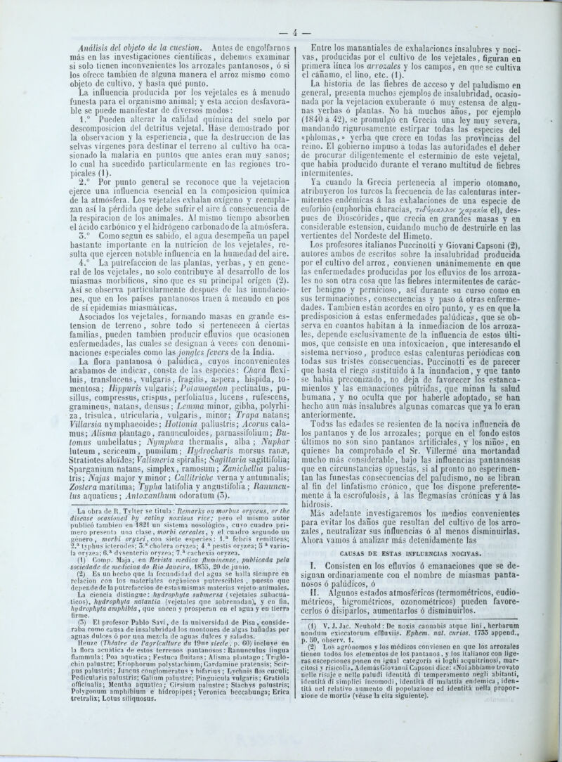 Análisis del objeto de la cuestión. Antes de engolfarnos más en las invesligaciones científicas, debemos examinar si solo tienen inconvenientes los arrozales pantanosos, ó si los oi'rece también de alguna manera el arroz mismo como objeto de cultivo, y hasta qué punto. La influencia producida por los vejetales es á menudo funesta para el organismo animal; y esta acción desfavora- ble se puede manifestar de diversos modos: 1. ° Pueden alterar la calidad química del suelo por descomposición del detritus vejetal. Háse demostrado por la observación y la esperiencia, que la destrucción de las selvas vírgenes para destinar el terreno al cultivo ha oca- sionado la malaria en puntos que antes eran muy sanos; lo cual ha sucedido particularmente en las regiones tro- picales (1). 2. ° Por punto general se reconoce que la vejetacion ejerce una influencia esencial en la composición química de la atmósfera. Los vejetales exhalan oxígeno y reempla- zan así la pérdida que debe sufrir el aire á consecuencia de la respiración de los animales. Al mismo tiempo absorben el ácido carbónico y el hidrógeno carbonado de la atmósfera. 5.° Como según es sabido, el agua desempeña un papel bastante importante en la nutrición de los vejetales, re- sulta que ejercen notable influencia en la humedad del aire. 4° La putrefacción de las plantas, yerbas, y en gene- ral de los vejetales, no solo contribuye al desarrollo de los miasmas morbíficos, sino que es su principal origen (2). Así se observa particularmente después de las inundacio- nes, que en los países pantanosos traen á menudo en pos de sí epidemias miasmáticas. Asociados los vejetales, formando masas en grande es- lension de terreno, sobre todo si pertenecen á ciertas familias, pueden también producir efluvios que ocasionen enfermedades, las cuales se designan á veces con denomi- naciones especiales como las jongles fevers de la India. La dora pantanosa ó palúdica, cuyos inconvenientes acabamos de indicar, consta de las especies: Chara flexi- luis, translucens, vulgaris, fragilis, áspera, hispida, to- mentosa; /7¡/i/)wr/s vulgaris'; Potamogetón pectinalus, pu- sillus, compressus, crispus, perfolialus, lucens, rufescens, gramineus, natans, densus; Lemma minor, gibba, polyrhi- za, trisulca, utricularia, vulgaris, minor; Trapa natans; Villarsia nymphaeoides; Hottonia pallustris; Aconis cala- mus; Alisma plantago, ranunculoides, parnassifolium; Bu- íomus umbellatus; Nymplma thermalis, alba; Nuphar luteura , sericeum, pun)ilum; Iliidrocharis morsus ranaí, Stratiotes aloidcs; Valisneria spiralis; Sagittaria sagiltifolia; Sparganiura natans, simplex, ramosum; ZanicIielUa palus- tris; Najas majoryminor; Callitriclie vernay autumnalis; Zostera marítima; Typlia latifolia y angustifolia ; Ranuncu- lus aquaticus; Antoxanllmm odoratum (5). La obr.-) do H. Tyller se lilula : Remarl;s on morlnis oryceus, or Ihc disease ocasioned Inj eating noxious rice; pero el mismo autor publicó también en 1821 un sistema nosológico, cuyo cuadro pri- mero presenta una clase, morbi cereales, y el cuadro segundo un género, morbi orijzei, con siete especies: 1.* febris rcmitlens; 2. lyphus iclerodes; 5.* cholera oryzea; i.* pestis oryzea; 3 * varió- la ory/,ea;6.* dvsenteria oryzea; 7. rachexia oryzea. (1) Comp. Maja, en Revista medica fluminense, publicada pela sociedade de medicina do Rio Janeiro, 1855, 20 de junio. (2) Es un liccho que la fecundidad del agua se halla siempre en relación con los materiales orgánicos putrescibles , puesto que depende de la putrefacción de estas mismas materias vejel o-animales. La ciencia distingue: hydrophijta submersa (vejetales subacuá- ticos), hydrophyia natantia (vejetales que sobrenadan), y en fin, hi/drophyta ampitibia, que nacen y prosperan en el agua y en tierra firme. (3) El profesor Pablo Savi, de la universidad de Pisa, conside- raba como causa de insalubridad los montones de algas bañadas por aguas dulces ó por una mezcla de aguas dulces y saladas. Heuze {Tkéatre de ragricultvre dtt IQtne siecle. p. CO) incluye en la flora acuática de estos terrenos pantanosos: Ranunculus lingua flammula; Poa aqnalica; Festuca fluitans; Alisma planlago; Triglo- chin palustre; Eriophorum polystachium; Cardamine pratensis; Scir- pus palustris; Juncus conglomeratus y bifarius ; Lyclinis flos cuculí; Pedicularis palustris; Galium palustre; Pingtiicnla vulgaris; Gratiola officinalis; Mcnlha aquatica; Cirsium palustre; Stachys palustris; Polygonum amphibium e hidropipes; Verónica beccai)unga; Erica tretralix; Lotus siliquosus. Entre los manantiales de exhalaciones insalubres y noci- vas, producidas por el cultivo de los vejetales, figuran en primera línea los arrozales y los campos, en que se cultiva el cáñamo, el lino, etc. (1). La historia de las fiebres de acceso y del paludismo en general, presenta muchos ejemplos de insalubridad, ocasio- nada por la vejetacion exuberante ó muy estensa de algu- nas yerbas ó plantas. No há muchos años, por ejemplo (1840 á 42), se promulgó en Grecia una ley muv severa, mandando rigurosamente estirpar todas las especies del «plilomas,» yerba que crece en todas las provincias del reino. El gobierno impuso á todas las autoridades el deber de procurar diligentemente el esterminio de este vejetal, que habia producido durante el verano multitud de fiebres intermitentes. Ya cuando la Grecia pertenecía al imperio otomano, atribuyeron los turcos la frecuencia de las calenturas inter- mitentes endémicas á las exhalaciones de una especie de euforbio (euphorbia charadas, Tí/ú/xa^xor ^^.fayAa el), des- pués de Dioscórides, que crecía en grandes masas y en considerable estension, cuidando mucho de destruirle en las vertientes del Nordeste del Himeto. Los profesores italianos Puccinolti y Giovani Capsoni (2), autores ambos de escritos sobre la insalubridad producida por el cultivo del arroz, convienen unánimemente en que las enfermedades producidas por los efluvios de los arroza- les no son otra cosa que las fiebres intermitentes de carác- ter benigno y pernicioso, así durante su curso como en sus terminaciones, consecuencias y paso á otras enferme- dades. También están acordes en otro punto, y es en que la predisposición á estas enfermedades paliidicas, que se ob- serva en cuantos habitan á la inmeaiacion de los arroza- les, depende esclusivamente de la influencia de estos últi- mos, que consiste en una intoxicación, que interesando el sistema nervioso, produce estas calenturas periódicas con todas sus tristes consecuencias. Puccinotli es de parecer que basta el riego sustituido á la inundación, y que tanto se habia preconizado, no deja de favorecer los estanca- mientos y las emanaciones pútridas, que minan la salud humana, y no oculta que por haberle adoptado, se han hecho aun más insalubres algunas comarcas que ya lo eran anteriormente. Todas las edades se resienten de la nociva influencia de los pantanos y de los arrozales; porque en el fondo estos últimos no son sino pantanos artificiales, y los niños, en quienes ha comprobado el Sr. Villermc lína mortandad mucho más considerable, bajo las influencias pantanosas que en circunstancias opuestas, si al pronto no esperimen- tan las funestas consecuencias del paludismo, no se libran al fin del linfatismo crónico, que los dispone preferente- mente á la escrofulosis, á las flegmasías crónicas y á las hidrosis. Más adelante investigaremos los medios convenientes para evitar los daños que resultan del cultivo de los arro- zales , neutralizar sus influencias ó al menos disminuirlas. Ahora vamos á analizar más detenidamente las CAUSAS DE ESTAS INFLUENCIAS NOCIVAS. L Consisten en los efluvios ó emanaciones que se de- signan ordinariamente con el nombre de miasmas panta- nosos ó palúdicos, ó n. Algunos estados atmosféricos (termométricos, eudio- métricos, higroméíricos, ozonométricos) pueden favore- cerlos ó disiparlos, aumentarlos ó disminuirlos. (1) V. J. Jac. Neuhold:De noxis cannabis atque lini, herbarum nondum exiccatorum eífluvils. Ephem. nal. curios. 1733 append., p. SO, observ. 1. (2) Los agrónomos y los médicos convienen en que los arrozales tienen todos los elementos de los pantanos, y los italianos con lige- ras escepciones ponen en igual categoría «i loghi acquitrinosi, mar- citosi y risicoli». AdemásGiovanni Capsoni dice: «Noi abbiamo tróvalo nelle risaje e nelle paludi identitá di temperamento negli abitanti, identitá di simplici incomodi, identitá di malaltia endémica , ¡den- lita nel relativo aumento di popolazione ed identitá nella propor- íione de morli» (véase la cita siguiente).
