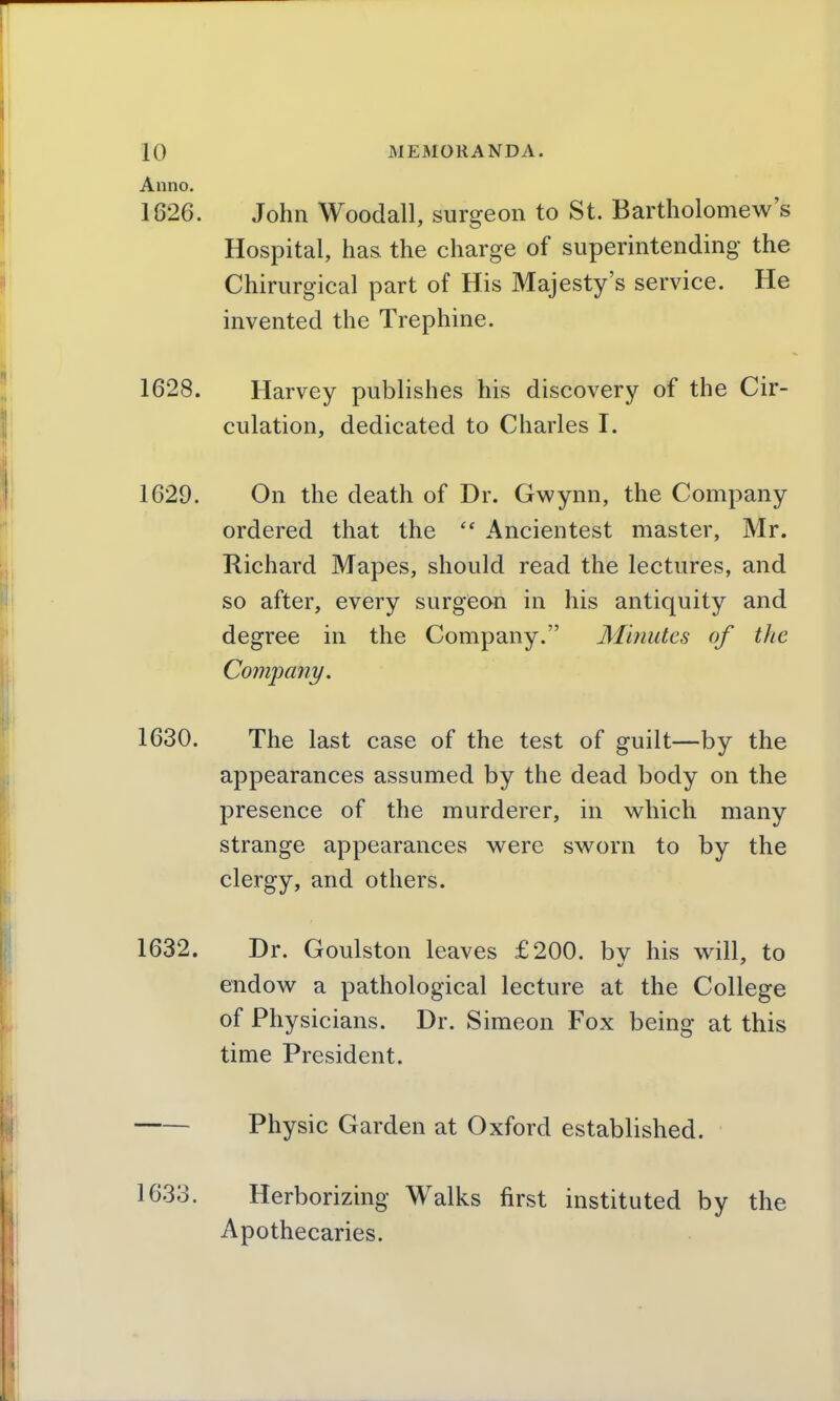 Anno. 1626. John Woodall, surgeon to St. Bartholomew's Hospital, has the charge of superintending the Chirurgical part of His Majesty's service. He invented the Trephine. 1628. Harvey publishes his discovery of the Cir- culation, dedicated to Charles I. 1629. On the death of Dr. Gwynn, the Company ordered that the  Ancientest master, Mr. Richard Mapes, should read the lectures, and so after, every surgeon in his antiquity and degree in the Company. Minutes of the Company. 1630. The last case of the test of guilt—by the appearances assumed by the dead body on the presence of the murderer, in which many strange appearances were sworn to by the clergy, and others. 1632. Dr. Goulston leaves £200. bv his will, to endow a pathological lecture at the College of Physicians. Dr. Simeon Fox being at this time President. Physic Garden at Oxford established. Herborizing Walks first instituted by the Apothecaries.