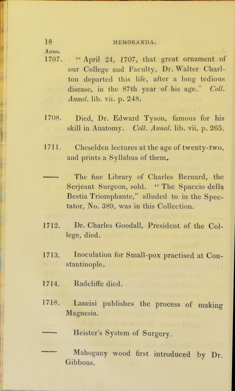 Anno. 1707. April 24, 1707, that great ornament of our College and Faculty, Dr. Walter Charl- ton departed this life, after a long tedious disease, in the 87th year of his age. Coll. Annal. lib. vii. p. 248. 1708. Died, Dr. Edward Tyson, famous for his skill in Anatomy. Coll. Annal. lib. vii. p. 265. 1711. Cheselden lectures at the age of twenty~two, and prints a Syllabus of them. The fine Library of Charles Bernard, the Serjeant Surgeon, sold. *' The Spaccio della Bestia Triomphante, alluded to in the Spec- tator, No. 389, was in this Collection. 1712. Dr. Charles Goodall, President of the Col- lege, died. 1713. Inoculation for Small-pox practised at Con- stantinople. 1714. Radcliffe died. 1718. Lancisi publishes the process of making Magnesia. Heister's System of Surgery. Mahogany wood first introduced by Dr. Gibbons.