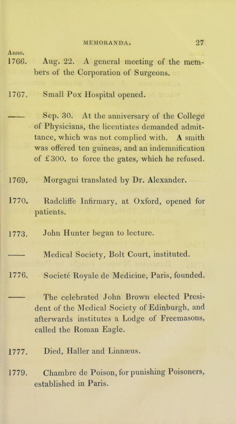 Anno. 1766. Aug-. 22. A general meeting of the mem- bers of the Corporation of Surgeons. 1767. Small Pox Hospital opened. Sep. 30. At the anniversary of the College of Physicians, the licentiates demanded admit- tance, -which -was not complied with. A smith -was offered ten guineas, and an indemnification of £300. to force the gates, which he refused. 1769. Morgagni translated by Dr. Alexander. 1770. Radcliffe Infirmary, at Oxford, opened for patients. 1773. John Hunter began to lecture. Medical Society, Bolt Court, instituted. 1776. Societe Royale de Medicine, Paris, founded. The celebrated John Brown elected Presi- dent of the Medical Society of Edinburgh, and afterwards institutes a Lodge of Freemasons, called the Roman Eagle. 1777. Died, Haller and Linnaeus. 1779. Chambre de Poison, for punishing Poisoners, established in Paris.