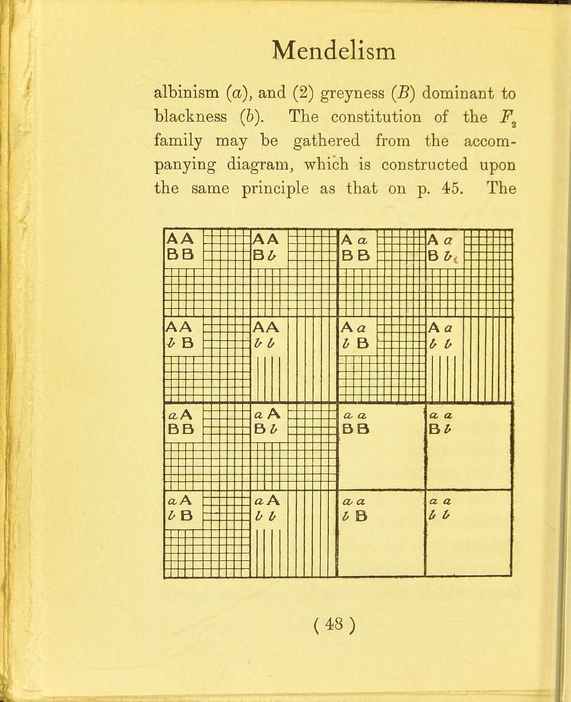 albinism (a), and (2) greyness (B) dominant to blackness (b). The constitution of the F2 family may be gathered from the accom- panying diagram, which is constructed upon the same principle as that on p. 45. The AA AA A a A a BB H />, AA AA Aa A a * B bb £ B 0 o a A a a, a a a BB Bb r> d Pt b a A a J\ a- a a a b b u tj O b /> r>