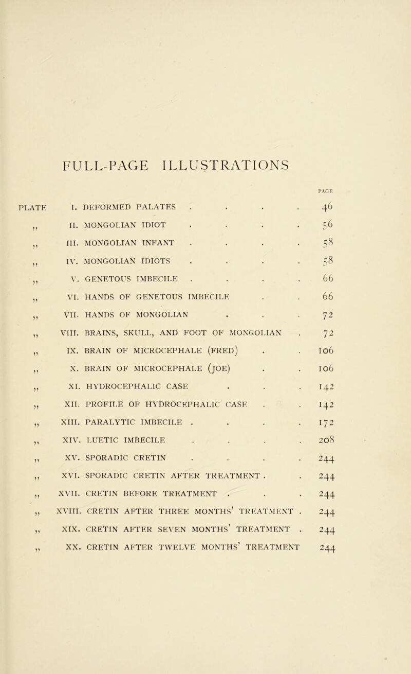 FULL-l>y\GE ILLUSTRATIONS PLATE I. DEFORMED PALATES .... ,, II. MONGOLIAN IDIOT .... ,, III. MONGOLIAN INFANT . . . . ,, IV. MONGOLIAN IDIOTS . . . . ,, V. GENETOUS IMBECILE . . . . „ VI. HANDS OF GENETOUS IMBECILE ,, VII. HANDS OF MONGOLIAN ,, VIII. BRAINS, SKULL, AND FOOT OF MONGOLIAN „ IX. BRAIN OF MICROCEPHALE (fRED) ,, X. BRAIN OF MICROCEPHALE (JOE) ,, XL HYDROCEPHALIC CASE ,, XII. PROFILE OF HYDROCEPHALIC CASE ,, XIII. PARALYTIC IMBECILE . . . . ,, XIV. LUETIC IMBECILE . . . . ,, XV. SPORADIC CRETIN . . . . ,, XVI. SPORADIC CRETIN AFTER TREATMENT . ,, XVH. CRETIN BEFORE TREATMENT . ,, XVIII. CRETIN AFTER THREE MONTHS’ TREATMENT . ,, XIX. CRETIN AFTER SEVEN MONTHS’ TREATMENT . ,, XX. CRETIN AFTER TWELVE MONTHS’ TREATMENT PAGF 46 56 58 58 66 66 72 72 106 106 142 142 172 208 244 244 244 244 244 244