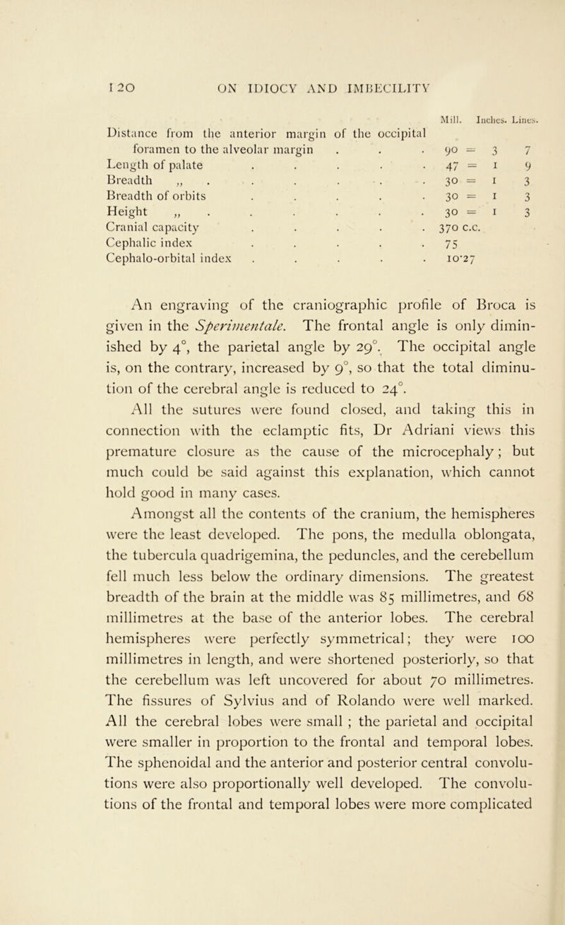 Mill. Indies. Lines Distance from the anterior margin of the occipital foramen to the alveolar margin 90 = 3 7 Length of palate ..... 47 = I 9 Breadth „ . 30 = I 3 Breadth of orbits ..... 30 = I 3 Height ....... 30 = I 3 Cranial capacity ..... 370 c.c. Cephalic index ..... 75 Cephalo-orbital index ..... I0’27 An engraving of the craniographic profile of Broca is given in the Sperimentale. The frontal angle is only dimin- ished by 4°, the parietal angle by 29°. The occipital angle is, on the contrary, increased by 9°, so that the total diminu- tion of the cerebral angle is reduced to 24°. All the sutures were found closed, and taking this in connection with the eclamptic fits. Dr Adriani views this premature closure as the cause of the microcephaly; but much could be said against this explanation, which cannot hold good in many cases. Amongst all the contents of the cranium, the hemispheres were the least developed. The pons, the medulla oblongata, the tubercula quadrigemina, the peduncles, and the cerebellum fell much less below the ordinary dimensions. The greatest breadth of the brain at the middle was 85 millimetres, and 68 millimetres at the base of the anterior lobes. The cerebral hemispheres were perfectly symmetrical; they were 100 millimetres in length, and were shortened posteriorly, so that the cerebellum was left uncovered for about 70 millimetres. The fissures of Sylvius and of Rolando were well marked. All the cerebral lobes were small ; the parietal and occipital were smaller in proportion to the frontal and temporal lobes. The sphenoidal and the anterior and posterior central convolu- tions were also proportionally well developed. The convolu- tions of the frontal and temporal lobes were more complicated