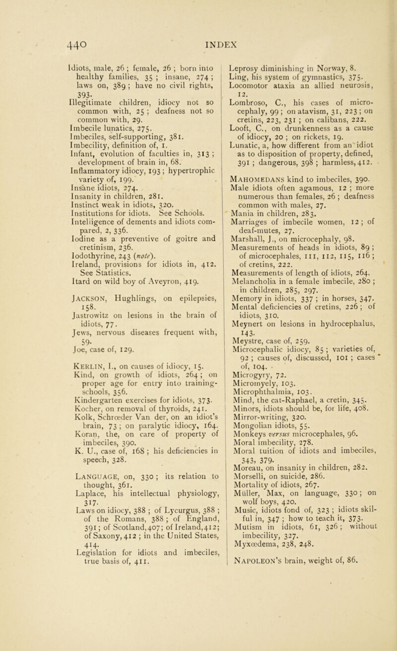 Idiots, male, 26 ; female, 26 ; born into healthy families, 35 ; insane, 274 ; laws on, 389 ; have no civil rights, 393. Illegitimate children, idiocy not so common with, 25 ; deafness not so common with, 29. Imbecile lunatics, 275. Imbeciles, self-supporting, 381. Imbecility, definition of, i. Infant, evolution of faculties in, 313 ; development of brain in, 68, Inflammatory idiocy, 193 ; hypertrophic variety of, 199. Insane idiots, 274. Insanity in children, 281. Instinct weak in idiots, 320, Institutions for idiots. See Schools, Inteliigence of dements and idiots com- pared, 2, 336, Iodine as a preventive of goitre and cretinism, 236, lodothyrine, 243 (note). Ireland, provisions for idiots in, 412. See Statistics. Itard on wild boy of Aveyron, 419, Jackson, Hughlings, on epilepsies, jastrowitz on lesions in the brain of idiots, 77. Jews, nervous diseases frequent with, 39- Joe, case of, 129, KekliN, I,, on causes of idiocy, 15. Kind, on growth of idiots, 264; on proper age for entry into training- schools, 356, Kindergarten exercises for idiots, 373. Kocher, on removal of thyroids, 241. Kolk, Schroeder Van der, on an idiot’s brain, 73 ; on paralytic idiocy, 164, Koran, the, on care of property of imbeciles, 390, K, U,, case of, 168 ; his deficiencies in speech, 328, Language, on, 330 ; its relation to thought, 361. Laplace, his intellectual physiology, 317- Laws on idioc}', 388 ; of Lycurgus, 388 ; of the Romans, 388 ; of England, 391; of Scotland,407; of Ireland,412; of Saxony, 412 ; in the United States, 4^4- ^ Legislation for idiots and imbeciles, true basis of, 411. Leprosy diminishing in Norway, 8. Ling, his system of gymnastics, 375- Locomotor ataxia an allied neurosis, 12. Lombroso, C., his cases of micro- cephaly, 99 ; on atavism, 31, 223 ; on cretins, 223, 231 ; on Calibans, 222. Looft, C., on drunkenness as a cause of idiocy, 20 ; on rickets, 19. Lunatic, a, how different from aiVidiot as to disposition of property, defined, 391 ; dangerous, 398 ; harmless, 412. - Mahomedans kind to imbeciles, 390. Male idiots often agamous, 12 ; more numerous than females, 26 ; deafness common with males, 27. Mania in children, 283. Marriages of imbecile women, 12 ; of deaf-mutes, 27. Marshall, J., on microcephaly, 98. Measurements of heads in idiots, 89 ; of microcephales, ill, ii2, iiSj Ii6; of cretins, 222. Measurements of length of idiots, 264. Melancholia in a female imbecile, 280 ; in children, 285, 297. Memory in idiots, 337 ; in horses, 347. Mental deficiencies of cretins, 226 ; of idiots, 310. Meynert on lesions in hydrocephalus, 143- Meystre, case of, 259. Microcephalic idiocy, 85 ; varieties of, 92 ; causes of, discussed, loi ; cases * of, 104. • j Microgyry, 72. I Microinyely, 103. Microphthalmia, 103. I Mind, the cat-Raphael, a cretin, 345. j Minors, idiots should be, for life, 408. ' Mirror-writing, 320. Mongolian idiots, 55. ' Monkeys versus microcephales, 96. ; Moral imbecility, 278. j Moral tuition of idiots and imbeciles, 343, 379- .... Moreau, on insanity in children, 282. Morselli, on suicide, 286. Mortality of idiots, 267. Muller, Max, on language, 330; on wolf boys, 420. Music, idiots fond of, 323 ; idiots skil- ful in, 347 ; how to teach it, 373- ! Mutism in idiots, 61, 326; without imbecility, 327. Myxoedema, 238, 248. I Napoleon’s brain, weight of, 86.