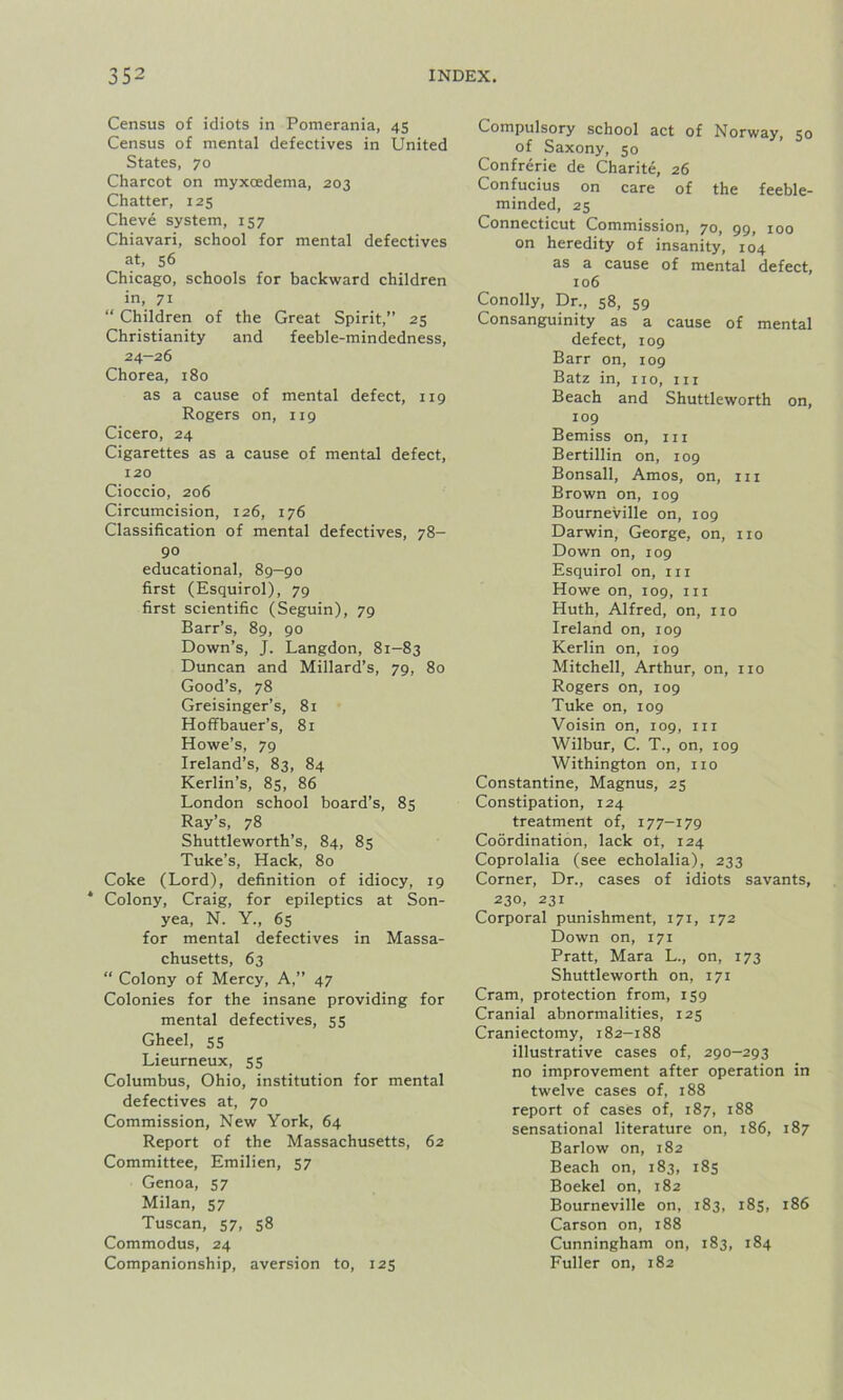 Census of idiots in Pomerania, 45 Census of mental defectives in United States, 70 Charcot on myxoedema, 203 Chatter, 125 Cheve system, 157 Chiavari, school for mental defectives at, 56 Chicago, schools for backward children in, 71 “ Children of the Great Spirit,” 25 Christianity and feeble-mindedness, 24—26 Chorea, 180 as a cause of mental defect, 119 Rogers on, 119 Cicero, 24 Cigarettes as a cause of mental defect, 120 Cioccio, 206 Circumcision, 126, 176 Classification of mental defectives, 78- 90 educational, 89—90 first (Esquirol), 79 first scientific (Seguin), 79 Barr’s, 89, 90 Down’s, J. Langdon, 81-83 Duncan and Millard’s, 79, 80 Good’s, 78 Greisinger’s, 81 Hoffbauer’s, 81 Howe’s, 79 Ireland’s, 83, 84 Kerlin’s, 85, 86 London school board’s, 85 Ray’s, 78 Shuttleworth’s, 84, 85 Tuke’s, Hack, 80 Coke (Lord), definition of idiocy, 19 * Colony, Craig, for epileptics at Son- yea, N. Y., 65 for mental defectives in Massa- chusetts, 63 “ Colony of Mercy, A,” 47 Colonies for the insane providing for mental defectives, 55 Gheel, 55 Lieurneux, 55 Columbus, Ohio, institution for mental defectives at, 70 Commission, New York, 64 Report of the Massachusetts, 62 Committee, Emilien, 57 Genoa, 57 Milan, 57 Tuscan, 57, 58 Commodus, 24 Companionship, aversion to, 125 Compulsory school act of Norway, 50 of Saxony, 50 Confrerie de Charite, 26 Confucius on care of the feeble- minded, 25 Connecticut Commission, 70, 99, 100 on heredity of insanity, 104 as a cause of mental defect, 106 Conolly, Dr., 58, 59 Consanguinity as a cause of mental defect, 109 Barr on, 109 Batz in, no, in Beach and Shuttleworth on, 109 Bemiss on, in Bertillin on, 109 Bonsall, Amos, on, m Brown on, 109 Bourneville on, 109 Darwin, George, on, no Down on, 109 Esquirol on, in Howe on, 109, in Huth, Alfred, on, no Ireland on, 109 Kerlin on, 109 Mitchell, Arthur, on, no Rogers on, 109 Tuke on, 109 Voisin on, 109, in Wilbur, C. T., on, 109 Withington on, no Constantine, Magnus, 25 Constipation, 124 treatment of, 177-179 Coordination, lack ot, 124 Coprolalia (see echolalia), 233 Corner, Dr., cases of idiots savants, 230, 231 Corporal punishment, 171, 172 Down on, 171 Pratt, Mara L., on, 173 Shuttleworth on, 171 Cram, protection from, 159 Cranial abnormalities, 125 Craniectomy, 182-188 illustrative cases of, 290-293 no improvement after operation in twelve cases of, 188 report of cases of, 187, 188 sensational literature on, 186, 187 Barlow on, 182 Beach on, 183, 185 Boekel on, 182 Bourneville on, 183, 185, 186 Carson on, 188 Cunningham on, 183, 184 Fuller on, 182