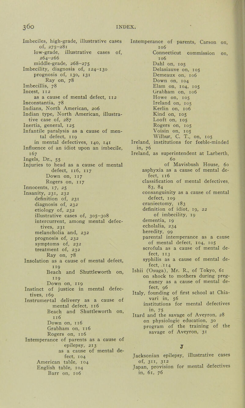 Imbeciles, high-grade, illustrative cases of, 275-281 low-grade, illustrative cases of, 264—266 middle-grade, 268-275 Imbecility, diagnosis of, 124-130 prognosis of, 130, 131 Ray on, 78 Imbecillis, 78 Incest, 112 as a cause of mental defect, 112 Inconstantia, 78 Indians, North American, 206 Indian type, North American, illustra- tive case of, 287 Inertia, general, 125 Infantile paralysis as a cause of men- tal defect, 119 in mental defectives, 140, 141 Influence of an idiot upon an imbecile, 167 Ingels, Dr., 55 Injuries to head as a cause of mental defect, 116, 117 Down on, 117 Rogers on, 117 Innocents, 17, 25 Insanity, 231, 232 definition of, 231 diagnosis of, 232 etiology of, 232 illustrative cases of, 305-308 intercurrent, among mental defec- tives, 231 melancholia and, 232 prognosis of, 232 symptoms of, 232 treatment of, 232 Ray on, 78 Insolation as a cause of mental defect, 119 Beach and Shuttleworth on, 119 Down on, 119 Instinct of justice in mental defec- tives, 169 Instrumental delivery as a cause of mental defect, 116 Beach and Shuttleworth on, 116 Down on, 116 Grabham on, 116 Rogers on, 116 Intemperance of parents as a cause of epilepsy, 213 as a cause of mental de- fect, 104 American table, 104 English table, 104 Barr on, 106 Intemperance of parents, Carson on, 106 Connecticut commission on, 106 Dahl on, 105 Delasiauve on, 105 Demeaux on, 106 Down on, 104 Elam on, 104, 105 Grabham on, 106 Howe on, 105 Ireland on, 105 Kerlin on, 106 Kind on, 105 Looft on, 105 Rogers on, 105 Voisin on, 105 Wilbur, C. T., on, 105 Ireland, institutions for feeble-minded in, 76 Ireland, as superintendent at Larberth, 60 of Mavisbush House, 60 asphyxia as a cause of mental de- fect, 116 classification of mental defectives, 83, 84 consanguinity as a cause of mental defect, 109 craniectomy, 183 definition of idiot, 19, 22 of imbecility, 19 dementia, 19 echolalia, 234 heredity, 99 parental intemperance as a cause of mental defect, 104, 105 scrofula as a cause of mental de- fect, 113 syphilis as a cause of mental de- fect, 114 Ishii (Osuga), Mr. R., of Tokyo, 61 on shock to mothers during preg- nancy as a cause of mental de- fect, 96 Italy, founding of first school at Chia- vari in, 56 institutions for mental defectives in, 75 Itard and the savage of Aveyron, 28 on physiologic education, 30 program of the training of the savage of Aveyron, 31 J Jacksonian epilepsy, illustrative cases of, 311, 312 Japan, provision for mental defectives in, 61, 76