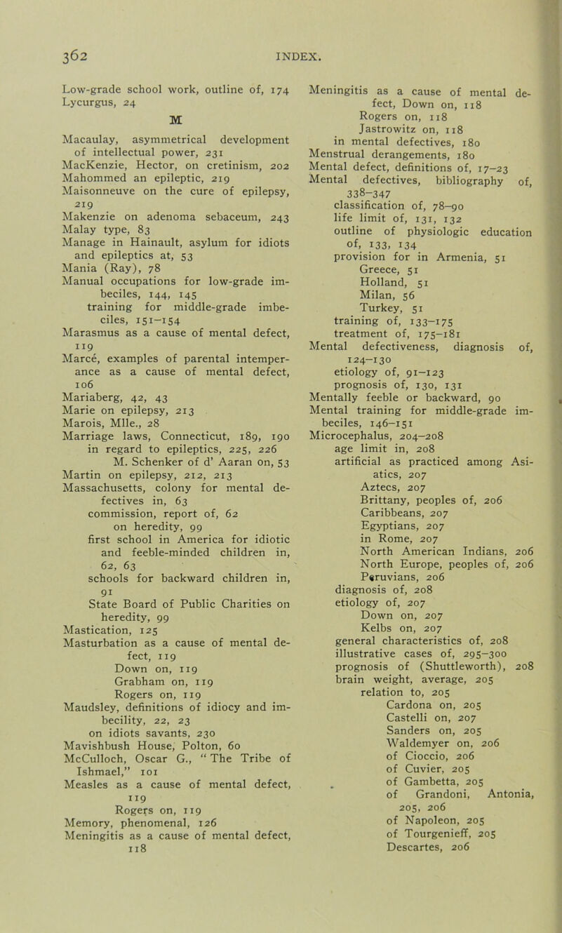 Low-grade school work, outline of, 174 Lycurgus, 24 M Macaulay, asymmetrical development of intellectual power, 231 MacKenzie, Hector, on cretinism, 202 Mahommed an epileptic, 219 Maisonneuve on the cure of epilepsy, 219 Makenzie on adenoma sebaceum, 243 Malay type, 83 Manage in Hainault, asylum for idiots and epileptics at, 53 Mania (Ray), 78 Manual occupations for low-grade im- beciles, 144, 145 training for middle-grade imbe- ciles, 151-154 Marasmus as a cause of mental defect, 119 Marce, examples of parental intemper- ance as a cause of mental defect, 106 Mariaberg, 42, 43 Marie on epilepsy, 213 Marois, Mile., 28 Marriage laws, Connecticut, 189, 190 in regard to epileptics, 225, 226 M. Schenker of d’ Aaran on, 53 Martin on epilepsy, 212, 213 Massachusetts, colony for mental de- fectives in, 63 commission, report of, 62 on heredity, 99 first school in America for idiotic and feeble-minded children in, 62, 63 schools for backward children in, 9i State Board of Public Charities on heredity, 99 Mastication, 125 Masturbation as a cause of mental de- fect, 119 Down on, 119 Grabham on, 119 Rogers on, 119 Maudsley, definitions of idiocy and im- becility, 22, 23 on idiots savants, 230 Mavishbush House, Polton, 60 McCulloch, Oscar G., “ The Tribe of Ishmael,” 101 Measles as a cause of mental defect, J19 Rogers on, 119 Memory, phenomenal, 126 Meningitis as a cause of mental defect, 118 Meningitis as a cause of mental de- fect, Down on, 118 Rogers on, 118 Jastrowitz on, 118 in mental defectives, 180 Menstrual derangements, 180 Mental defect, definitions of, 17-23 Mental defectives, bibliography of, 338-347 classification of, 78-90 life limit of, 131, 132 outline of physiologic education of, 133, 134 provision for in Armenia, 51 Greece, 51 Holland, 51 Milan, 56 Turkey, 51 training of, 133-175 treatment of, 175-181 Mental defectiveness, diagnosis of, 124-130 etiology of, 91—123 prognosis of, 130, 131 Mentally feeble or backward, 90 Mental training for middle-grade im- beciles, 146—151 Microcephalus, 204—208 age limit in, 208 artificial as practiced among Asi- atics, 207 Aztecs, 207 Brittany, peoples of, 206 Caribbeans, 207 Egyptians, 207 in Rome, 207 North American Indians, 206 North Europe, peoples of, 206 Peruvians, 206 diagnosis of, 208 etiology of, 207 Down on, 207 Kelbs on, 207 general characteristics of, 208 illustrative cases of, 295-300 prognosis of (Shuttleworth), 208 brain weight, average, 205 relation to, 205 Cardona on, 205 Castelli on, 207 Sanders on, 205 Waldemyer on, 206 of Cioccio, 206 of Cuvier, 205 of Gambetta, 205 of Grandoni, Antonia, 205, 206 of Napoleon, 205 of Tourgenieff, 205 Descartes, 206