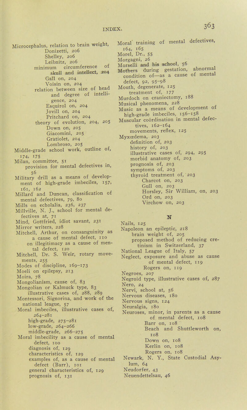 Microcephalus, relation to brain weight, Donizetti, 206 Shelley, 206 Leibnitz, 206 minimum circumference of skull and intellect, 204 Gall on, 204 Voisin on, 204 relation between size of head and degree of intelli- gence, 204 Esquirol on, 204 Jovill on, 204 Pritchard on, 204 theory of evolution, 204, 205 Down on, 205 Giacomini, 205 Gratiolet, 204 Lombroso, 205 Middle-grade school work, outline of, 174, i75 Milan, committee, 51 provision for mental defectives in, Military drill as a means of develop- ment of high-grade imbeciles, 157, 161, 162 Millard and Duncan, classification of mental defectives, 79, 80 Mills on echolalia, 236, 237 Millville, N. J., school for mental de- fectives at, 71 Mind, Gottfried, idiot savant, 231 Mirror writers, 228 Mitchell, Arthur, on consanguinity as a cause of mental defect, no on illegitimacy as a cause of men- tal defect, 120 Mitchell, Dr. S. Weir, rotary move- ments, 255 Modes of discipline, 169-173 Moeli on epilepsy, 213 Moira, 78 Mongolianism, cause of, 83 Mongolian or Kalmuck type, 83 illustrative cases of, 288, 289 Montessori, Signorina, and work of the national league, 57 Moral imbeciles, illustrative cases of, 264—281 high-grade, 275—281 low-grade, 264-266 middle-grade, 266-275 Moral imbecility as a cause of mental defect, 100 diagnosis of, 129 characteristics of, 129 examples of, as a cause of mental defect (Barr), 101 general characteristics of, 129 prognosis of, 131 Moral training of mental defectives, 164, 165 Morel, Dr., 55 Morgagni, 26 Morselli and his school, 56 Mothers during gestation, abnormal condition of—as a cause of mental defect, 92, 95-98 Mouth, degenerate, 125 treatment of, 177 Murdoch on craniectomy, 188 Musical phenomena, 228 Music as a means of development of high-grade imbeciles, 156—158 Muscular coordination in mental defec- tives, 162—164 movements, reflex, 125 Myxoedema, 203 definition of, 203 history of, 203 illustrative cases of, 294, 295 morbid anatomy of, 203 prognosis of, 203 symptoms of, 203 thyroid treatment of, 203 Charcot on, 203 Gull on, 203 Horsley, Sir William, on, 203 Ord on, 203 Virchow on, 203 N Nails, 125 Napoleon an epileptic, 218 brain weight of, 205 proposed method of reducing cre- tinism in Switzerland, 37 National League of Italy, 57 Neglect, exposure and abuse as cause of mental defect, 119 Rogers on, 119 Negroes, 207 Negroid type, illustrative cases of, 287 Nero, 24 Nervi, school at, 56 Nervous diseases, 180 Nervous signs, 124 Neuralgia, 180 Neuroses, minor, in parents as a cause of mental defect, 108 Barr on, 108 Beach and Shuttleworth on, 108 Down on, 108 Kerlin on, 108 Rogers on, 108 Newark, N. Y., State Custodial Asy- lum, 64 Neudorfer, 43 Neuendettelsau, 46