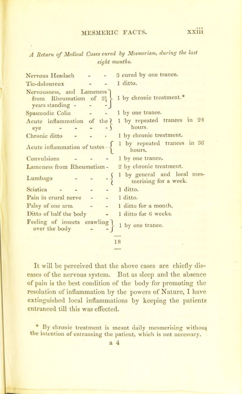 A Return of Medical Cases cured by Mesmerism, during the last eight months. Nervous Headach Tic-doloureux Nervousness, and Lameness j from Rheumatism of 2^ !- years standing - - -J Spasmodic Colic Acute inflammation eye Chronic ditto of the I Acute inflammation of testes Convulsions Lameness from Rheumatism- Lumbago { Sciatica - - - Pain in crural nerve Palsy of one arm Ditto of half the body Feeling of insects crawling over the body } 3 cured by one trance. 1 ditto. 1 by chronic treatment.* 1 by one trance. 1 by repeated trances in 24 hours. 1 by chronic ti-eatment. 1 by repeated trances in 36 hours. 1 by one trance. 2 by chronic treatment. 1 by general and local mes- merising for a week. 1 ditto. 1 ditto. 1 ditto for a month. 1 ditto for 6 weeks. 1 by one trance. 18 It will be perceived that the above cases are chiefly dis- eases of the nervous system. But as sleep and the absence of pain is the best condition of the body for promoting the resolution of inflammation by the powers of Nature, I have extinguished local inflammations by keeping the patients entranced till this was effected. * By chronic treatment is meant daily mesmerising without the intention of entrancing the patient, which is not necessary. a 4