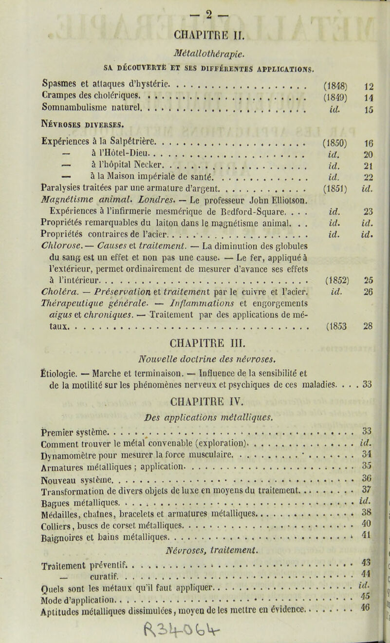 CHAPITRE II. Métallothérapie. sa. découverte et ses différentes applications. Spasmes et attaques d’hystérie (1848) 12 Crampes des cholériques (1849) 14 Somnambulisme naturel id. 15 Névroses diverses. Expériences à la Salpétrière (1850) 16 — à PHôtel-Dieu id. 20 — à l’hôpital Necker id. 21 — à la Maison impériale de santé id. 22 Paralysies traitées par une armature d’argent (1851) id. Magnétisme animal. Londres. — Le professeur John Elliolson. Expériences à l’infirmerie mesmérique de Bedford-Square, . . . id. 23 Propriétés remarquables du laiton dans le magnétisme animal. . . id. id. Propriétés contraires de l’acier id. id. Chlorose.— Causes et traitement. — La diminution des globules du sang est un effet et. non pas une cause. — Le fer, appliqué à l’extérieur, permet ordinairement de mesurer d’avance ses effets à l’intérieur (1852) 25 Choléra. — Préservation et traitement par le cuivre et l’acier. id. 26 Thérapeutique générale. •— Inflammations et engorgements aigus et chroniques. — Traitement par des applications de mé- taux (1853 28 CHAPITRE III. Nouvelle doctrine des névroses. Etiologie. — Marche et terminaison. — Influence de la sensibilité et de la motilité sur les phénomènes nerveux et psychiques de ces maladies. ... 33 CHAPITRE IV. Des applications métalliques. Premier système __ 33 Comment trouver le métal convenable (exploration) id. Dynamomètre pour mesurer la force musculaire • 34 Armatures métalliques ; application 35 Nouveau système * 36 Transformation de divers objets de luxe en moyens du traitement 37 Bagues métalliques. . . . Médailles, chaînes, bracelets et armatures métalliques 38 Colliers, buses de corset métalliques 40 Baignoires et bains métalliques » 41 Névroses, traitement. Traitement préventif. * 43 — curatif 44 Quels sont les métaux qu'il faut appliquer i(f- Mode d’application 45 Aptitudes métalliques dissimulées, moyeu de les mettre en évidence 46