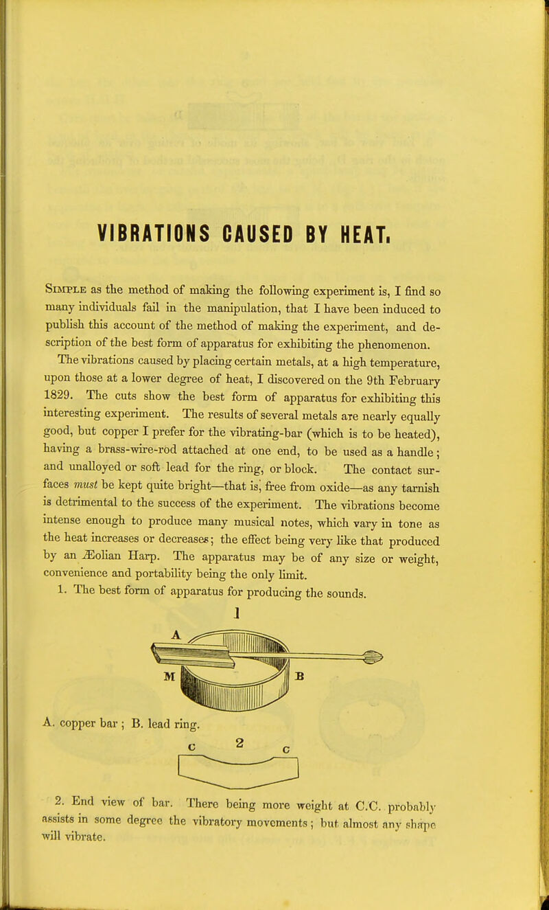 VIBRATIONS CAUSED BY HEAT, Simple as the method of making the foUomng experiment is, I find so many individuals fail in the manipulation, that I have been induced to publish this account of the method of making the experiment, and de- scription of the best form of apparatus for exhibiting the phenomenon. The vibrations caused by placing certain metals, at a high temperature, upon those at a lower degree of heat, I discovered on the 9th February 1829. The cuts show the best form of apparatus for exhibiting this interesting experiment. The results of several metals are nearly equally good, but copper I prefer for the vibrating-bar (which is to be heated), having a brass-wire-rod attached at one end, to be used as a handle; and unalloyed or soft lead for the ring, or block. The contact sur- faces must be kept quite bright—that is, free from oxide—as any tarnish is detrimental to the success of the experiment. The vibrations become intense enough to produce many musical notes, which vary in tone as the heat increases or decreases; the efiect being very like that produced by an ^olian Harp. The apparatus may be of any size or weight, convenience and portability being the only limit. 1. The best form of apparatus for producing the sounds. J A. copper bar; B. lead ring c 2. End view of bar. There being more weight at C.C. probably assists in some degree the vibratory movements; but almost any shape will vibrate.