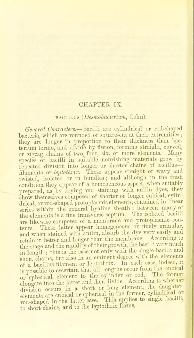 BACILLUS {Desmobaclerimn, Colin). General Characters.—Bacilli are cylindrical or rod-shapecl bacteria, which are ronnded or square-cut at their extremities ; they are longer in jjroportion to their thickness than bac- terium termo, and divide by fission, forming straight, curved, or zigzag chains of two, four, six, or more elements. Many species of bacilli in suitable nourishing materials grow by repeated division into longer or shorter chains of bacillus- filaments or leptothrix. These appear straight or wavy and twisted, isolated or in bundles; and although in the fresh condition they appear of a homogeneous aspect, when suitably prepared, as by drying and staining with anilin dyes, they show themselves composed of shorter or longer cubical, cylin- drical, or rod-shaped protoplasmic elements, contained in linear series within the general hyaline sheath : between many of the elements is a fine transverse septum. The isolated bacilli are likewise composed of a membrane and protoplasmic con- tents These latter appear homogeneous or finely granular, and when stained ^vith anilin, absorb the dye very easily and retain it better and longer than the membrane. According to the stage and the rapidity of their growth, the bacilli vary much in lenc/th ; this is the case not only with the single bacilli and short chains, but also in an eminent degree with the elements of a bacillus-filament or leptothrix. In each case, indeed, it is possible to ascertain that all lengths occur from the cubical or spherical element to the cylinder or rod The former elongate into the latter and then divide. According to whether division occurs in a short or long element, the daugliter- elements are cubical or spherical m the former, cylindrical or rod-shaped in the latter case. This applies to smgle bacilli, to short chains, and to the leptothrix forms.