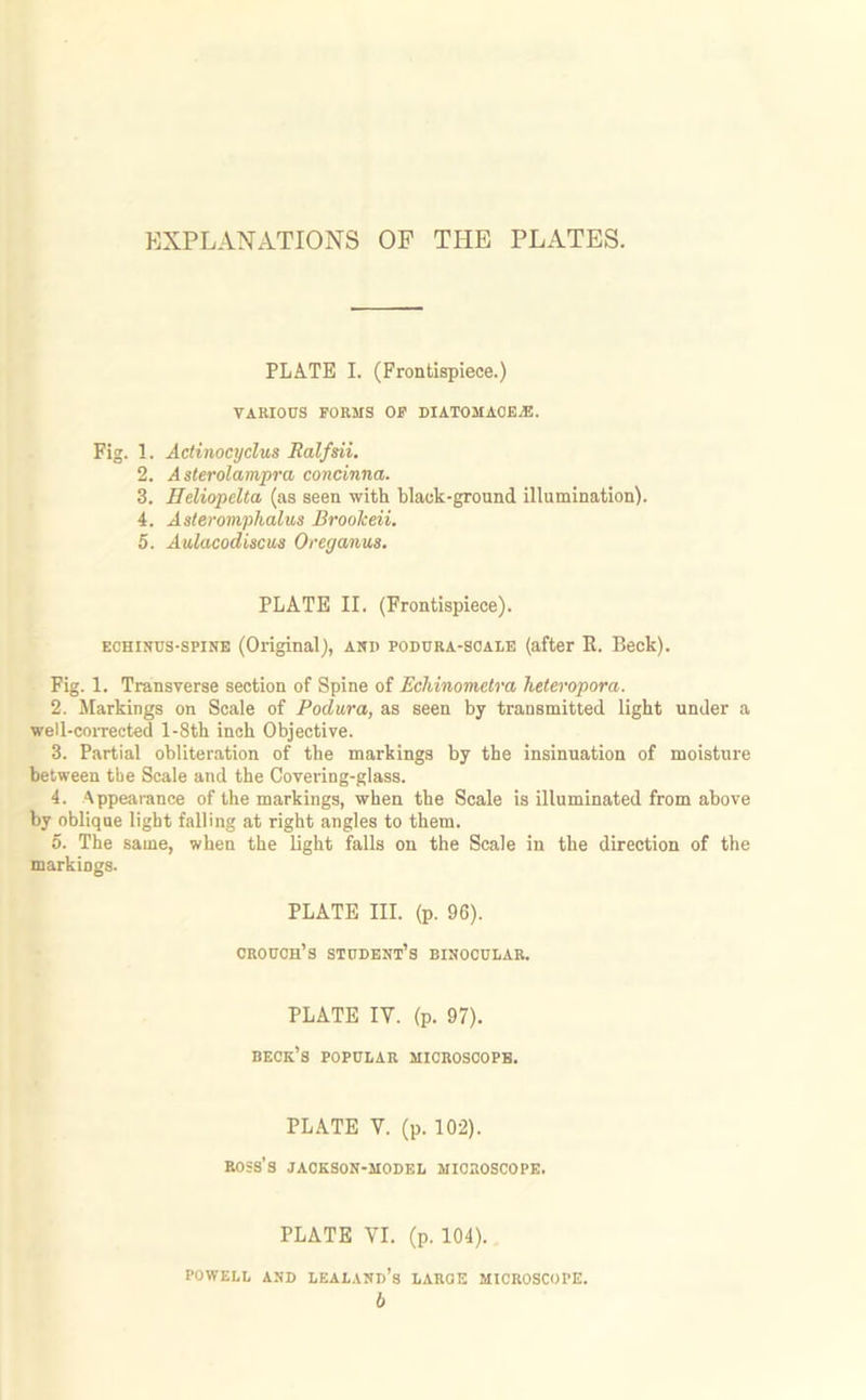 EXPLANATIONS OF THE PLATES. PLATE I. (Frontispiece.) VARIOUS FORMS OF DIATOM ACE.®. Fig. 1. Actinocyclus Ralfsii. 2. Asterolampra concinna. 3. Heliopelta (as seen with black-ground, illumination). 4. Asteromphalus Broolceii. 5. Aulacodiscus Oreganus. PLATE II. (Frontispiece). echinus-spine (Original), and podura-soale (after E. Beck). Fig. 1. Transverse section of Spine of Echinometra heteropora. 2. Markings on Scale of Podura, as seen by transmitted light under a well-corrected l-8th inch Objective. 3. Partial obliteration of the markings by the insinuation of moisture between tbe Scale and the Covering-glass. 4. Appearance of the markings, when the Scale is illuminated from above by oblique light falling at right angles to them. 5. The same, when the light falls on the Scale in the direction of the markings. PLATE III. (p. 96). crouch’s student’s binocular. PLATE IV. (p. 97). beck’s popular microscope. PLATE V. (p. 102). boss’s jackson-model microscope. PLATE VI. (p. 104). POWELL AND LEALANd’s LARGE MICROSCOPE. b