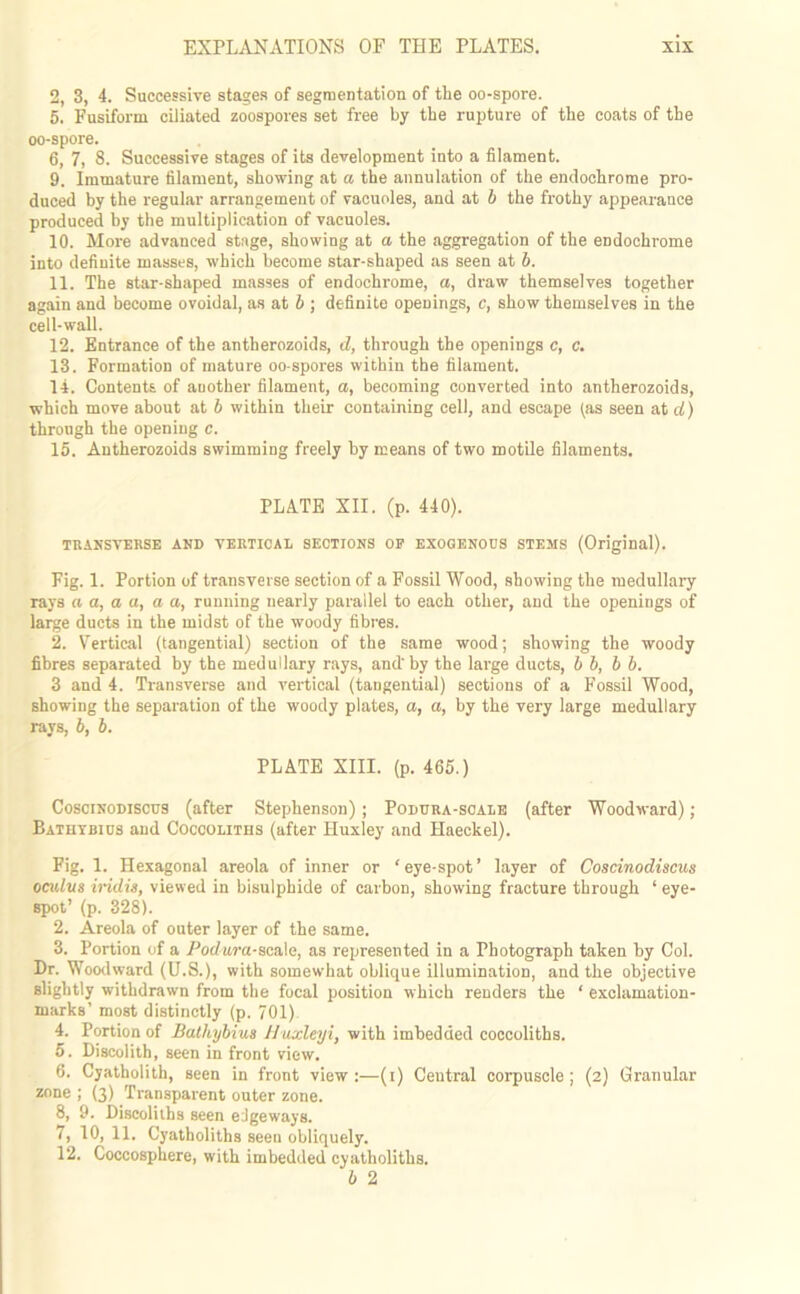 2, 3, 4. Successive stages of segmentation of the oo-spore. 5, Fusiform ciliated zoospores set free by the rupture of the coats of the oo-spore. 6, 7, 8. Successive stages of its development into a filament. 9. Immature filament, showing at a the annulation of the endochrome pro- duced by the regular arrangement of vacuoles, and at b the frothy appearance produced by the multiplication of vacuoles. 10. More advanced stage, showing at a the aggregation of the endochrome into definite masses, which become star-shaped as seen at b. 11. The star-shaped masses of endochrome, a, draw themselves together again and become ovoidal, as at b ; definite openings, c, show themselves in the cell-wall. 12. Entrance of the antherozoids, d, through the openings c, c. 13. Formation of mature oo spores within the filament. 14. Contents of another filament, a, becoming converted into antherozoids, which move about at b within their containing cell, and escape (as seen at d) through the opening c. 15. Antherozoids swimming freely by means of two motile filaments. PLATE XII. (p. 440). TRANSVERSE AND VERTICAL SECTIONS OF EXOGENOUS STEMS (Original). Fig. 1. Portion of transverse section of a Fossil Wood, showing the medullary rays a a, a a, a a, running nearly parallel to each other, and the openings of large ducts in the midst of the woody fibres. 2. Vertical (tangential) section of the same wood; showing the woody fibres separated by the medullary rays, and' by the large ducts, b b, b b. 3 and 4. Transverse and vertical (tangential) sections of a Fossil Wood, showing the separation of the woody plates, a, a, by the very large medullary rays, b, b. PLATE XIII. (p. 465.) Coscinodiscus (after Stephenson); Podura-scale (after Woodward); Bathybics and Coccoliths (after Huxley and Haeckel). Fig. 1. Hexagonal areola of inner or ‘eye-spot’ layer of Coscinodiscus oculvs iridis, viewed in bisulphide of carbon, showing fracture through ‘ eye- spot’ (p. 328). 2. Areola of outer layer of the same. 3. Portion of a Podura-scale, as represented in a Photograph taken by Col. Dr. Woodward (U.S.), with somewhat oblique illumination, and the objective slightly withdrawn from the focal position which renders the ‘ exclamation- marks’ most distinctly (p. 701) 4. Portion of Bathybius Huxleyi, with imbedded coccoliths. 5. Discolith, seen in front view. 6. Cyathoiith, seen in front view:—(i) Ceutral corpuscle; (2) Granular zone ; (3) Transparent outer zone. 8, 9. Discolilhs seen edgeways. 7. 10, 11. Cyatholiths seen obliquely. 12. Coccosphere, with imbedded cyatholiths. b 2