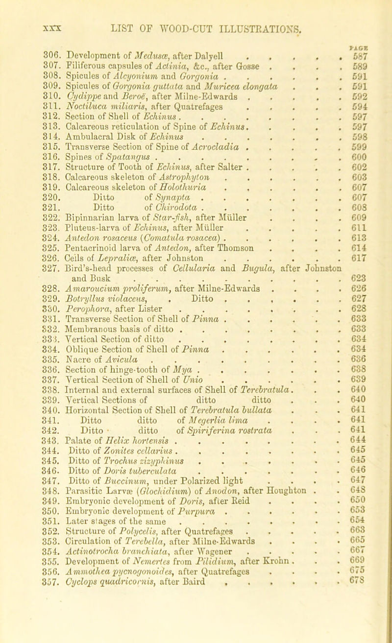 306. Development of Medusa, after Dalyell 307. Filiferous capsules of Actinia, &c., after Gosse . 308. Spicules of Alcyonium and Gorgonia ...... 309. Spicules of Gorgonia guttata and Muricea dongata 310. Cydippe and Beroe, after Milne-Edwards . . . . . 811. Noctiluca miliaria, after Quatrefages . ... . 312. Section of Shell of Echinus . . 313. Calcareous reticulation of Spine of Echinus. . . . . 314. Ambulacral Disk of Echinus ....... 315. Transverse Section of Spine of Acrocladia ..... 310. Spines of Spatangus . . 317. Structure of Tooth of Echinus, after Salter . . 318. Calcareous skeleton of Astrophyton 319. Calcareous skeleton of Holothuria ...... 320. Ditto of Synapta ....... 321. Ditto of Ghirodota ....... 322. Bipinnarian larva of Star-fish, after Muller . 323. Pluteus-larva of Echinus, after Muller ..... 324. Antedon rosaceus (Comatula rosacea) . . ... . 325. Pentacrinoid larva of Antedon, after Thomson .... 326. Ceils of Lepralice, after Johnston .... . . 327. Bird’s-head processes of Cellularia and Bugula, after Johnston aud Busk .......... 328. Amaroucium proliferum, after Milne-Edwards .... 329. Botryllus violaccus, . Ditto ...... 330. Peropliora, after Lister ........ 331. Transverse Section of Shell of Pinna ...... 832. Membranous basis of ditto ........ 331. Vertical Section of ditto ........ 334. Oblique Section of Shell of Pinna ...... 335. Nacre of Avicula ......... 336. Section of hinge-tooth of My a 337. Vertical Section of Shell of Unio 338. Internal and external surfaces of Shell of Tcrebratula. 339. Vertical Sections of ditto ditto 340. Horizontal Section of Shell of Terebratula bullata 341. Ditto ditto of Mcgerlia lima . 342. Ditto ■ ditto of Spiriferina rostrata 343. Palate of Helix hortensis ........ 344. Ditto of Zonites ccllarius 345. Ditto of Trochus zizyphinus ....... 346. Ditto of Doris tuberculata ....... 347. Ditto of Buccinum, under Polarized light .... 348. Parasitic Larva; (Gloclddium) of Anodon, after Houghton . 349. Embryonic development of Doris, after Reid .... 350. Embryonic development of Purpura ...... 351. Later stages of the same ........ 352. Structure of Polycclis, after Quatrefages ..... 353. Circulation of Terebella, after Milne-Edwards .... 354. Actinotrocha branchiata, after Wagener 355. Development of Ncmcrtcs from Pilidium, after Krohn . 356. Ammothea pycnogonoiclcs, after Quatrefages . . . . 357. Cyclops quadricornis, after Baird HGE 587 589 591 591 592 594 597 597 598 599 600 602 603 607 607 608 609 611 613 614 617 623 626 627 628 633 633 634 634 636 638 639 640 640 641 641 641 644 645 645 646 647 648 650 653 654 663 665 667 669 675 678