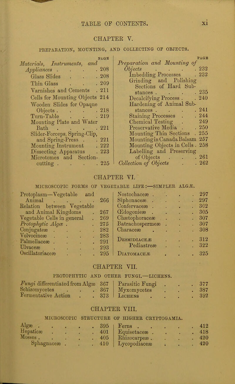 CHAPTER V. PBEPAKATION, MOTTHTING, AND COLLECTING OF OBJECTS. PAGB Materials, Instruments, and Appliances .... 208 Glass Slides 208 Thin Glass 209 Varnishes and Cements 211 Cells for Mounting Objects 214 Wooden Slides for Opaque Objects .... 218 Turn-Table 219 Mounting Plate and Water Bath . . . . 221 Slider-Forceps, Spring-Clip, and Spring-Press . 221 Mounting Instrument 222 Dissecting Apparatus 223 Microtomes and Section- cutting . . . . 225 PAGE Preparation and Mounting of Objects .... 232 Imbedding Processes . 232 Grinding and Polishing Sections of Hard Sub- stances . . . .235 Decalcifying Process . . 240 Hardening of Animal Sub- stances .... 241 Staining Processes . . 244 Chemical Testing . 249 Preservative Media . . 250 Mounting Thin Sections . 255 Mounting in Canada Balsam 257 Mounting Objects in Cells . 258 Labelling and Preserving of Objects . . . 261 Collection of Objects . .262 CHAPTER YI. MICROSCOPIC FORMS OF VEGETABLE LIFE:—SIMPLER ALG^. Protoplasm—Vegetable and Nostochaceae . . 297 Animal , 266 Siphonaceae . . 297 Relation between Vegetable Confervaceae . . 302 and Animal Kingdoms 267 Qlldogonieae . . 305 Vegetable Cells in general , 269 Chaetophoraceae . 307 Protophytic Algce . 275 Batrachospermeae . . 307 Conjngatese . 282 Characeae . 308 Volvocinese 283 Palmellacese . 291 Desmidiace.® . 312 Ulvacese 293 Pediastreae . 322 Oscillatoriacem • 295 DiATOMACEjE . 325 CHAPTER VII. PROTOPHYTIC AND OTHER FUNGI.—LICHENS. Fungi differentiated from Algge 367 Parasitic Fungi . 377 Schizomycetes , 367 Myxomycetes . 387 Fermentative Action • 373 Lichens . 392 CHAPTER VIII. MICROSCOPIC STRUCTURE OF HIGHER CRYPTOGAMIA. Algae .... 395 Ferns .... . 412 Hepaticae 401 Equisetaceae . . 418 Mosses .... 405 Rhizocarpeae . . 420 Sphagnuceae . . 410 Lycopodiaceae . 420