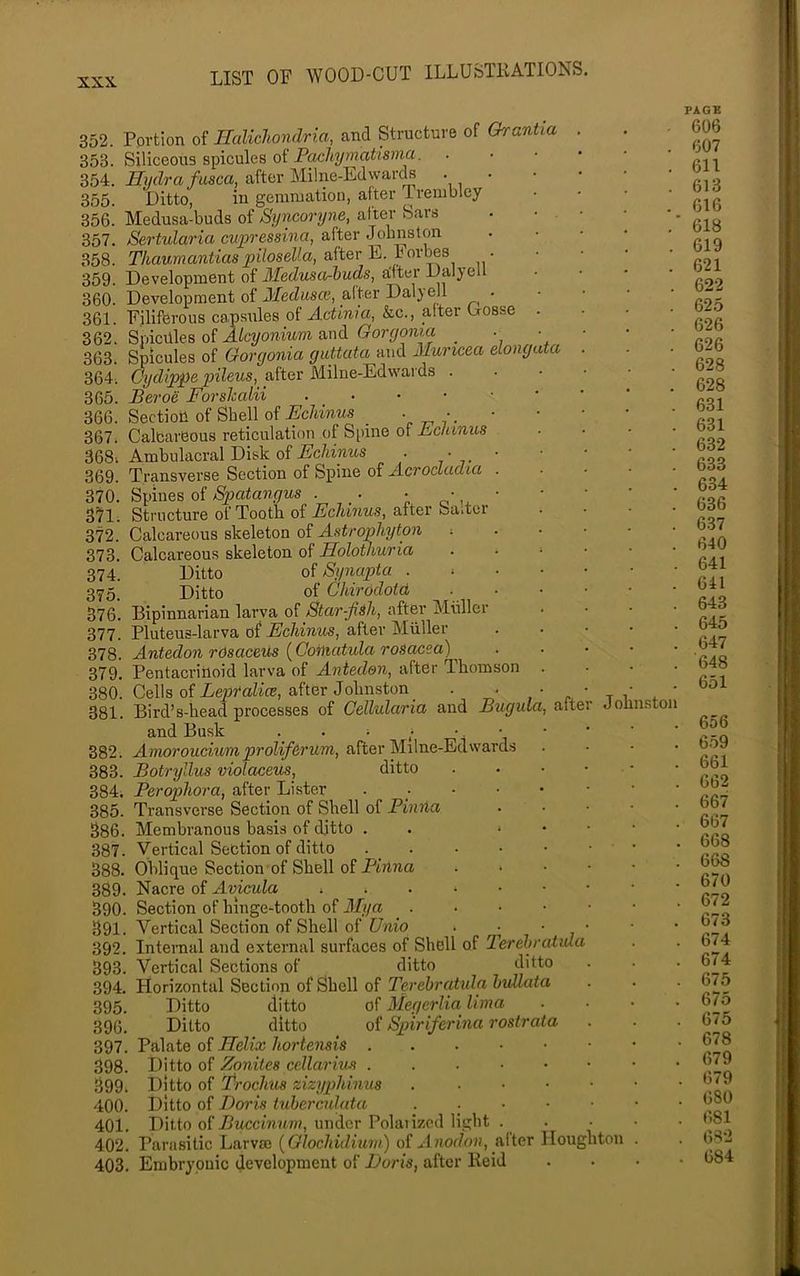 352. Portion oi Halicliondria, and Structure of arantia 353. Siliceous spicules of Pachymatisma. 354. Hydra fusca, after Milne-Edwards . . 355. Ditto, in gemmation, after T reinblcy 356. Medusa-buds of Syricoryne, after Sars 357. Sertularia cuyressina, after Johnston 358. Thavmmntiaa pilosella, BXt&v Pi. Jomes . 359. Development of ^ 360. Development of 2Iedusce, alter Dal} ell - 361. Filifbrous capsules of Actinia, &c., alter uosse . 362. Spiciiles of ALcyonium and Goryonia _ . • 363. Spicules of Goryonia guttata and Muricea elonguta 364'. Cydippe inleus, after Milne-Edwards . 365. Pcroc Forslcalw . » ■ • * 366. Section of Shell of Echinus _ • „ /. 367. Calcareous reticulation of Spine of Ac/tmws 368i Ambulacral Disk of Alc/itnus . • 369. Transverse Section of Spine of Acrocluclia . 370. Spines of Spatangus . _. t c-’ u ' 3i?l. Structure of Tooth oi Echinus, after Sa.ter 372. Calcareous skeleton of Astrophyton ; 373. Calcareous skeleton of Holothuria . ■ ‘ 374. Ditto of Synapta . . . - 375. Ditto of Ghirodotd 876. Bipinnarian larva of Star-fih, after Muller 377. Pluteus-larva of Echinus, after Miiller 378. Antedon rOsaceus [Cofnatula rosacea)^ 379. Pentacrittoid larva of Antedon, after Thomson 380. Cells of LepnaZice, after Johnston _ . • . 381. Bird’s-heacl processes of Cellularia and Bugula, alt John ston and Busk . . ; ■ • • • 382. J.morowciMmy?roZi/erwm, after Milne-Edwards 383. Botryllus violaceus, ditto . . . • 384. Perophora, after Lister . . . • • 385. Transverse Section of Shell of Pinna 386. Membranous basis of ditto . . . . • 387. Vertical Section of ditto . _ 388. Oblique Section of Shell of Pirtna . . • • 389. Nacre of Avicula 390. Section of hinge-tooth of Mya 391. Vertical Section of Shell of Unio ■ ■ ■ • 392. Internal and external surfaces of Shell of Terehratula 393. Vertical Sections of ditto ditto 394. Horizontal Section of Shell of Tp'ebratula huUata 395. Ditto ditto of Alegerlia lima 396. Ditto ditto of Spirifcriiia rostrala 397. Palate of Hdix hortensis 398. Ditto of Zgnites cellarius ...••• 399. Ditto of Trochus zizyphinus . . • • • 400. Ditto of Doris tubercidata ._.••• 401. Ditto of Pwccmitm, under Polaiizcd light . 402. Parasitic Larvm (Glochidium) of Anodon, nfter Houghton 403. Embryonic development of Doris, after Reid PACK 606 607 611 6l3 616 618 619 621 622 625 626 626 628 628 631 631 632 633 634 636 637 640 641 641 643 645 647 648 651 656 659 661 662 667 667 668 668 670 672 673 674 674 675 675 675 678 679 679 680 681 682 , 684