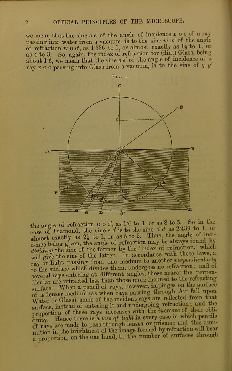 Ave mean that the sine e e' of the angle of incidence e o c of a ray passing into water from a vacuum, is to the sine w w ot the angle of refraction w o c', as 1'336 to 1, or almost exactly a-s l-g to 1, or as 4 to 3. So, again, the index of refraction for (flint) Glass, bemg about 1’6, we mean that the sine e ^ of the angle of incidence of ray E o c passing into Glass from a vacuum, is to the sme of y y Fig. 1. the angle of refraction g o c', as 1'6 to 1, or as 8 to m the case of Diamond, the sine e e is to the sme d cl as 2 439 to 1, oi Xost exactly as 2| to 1, or as 5 to 2. Thus the angle of mci- dence being given, the angle of refraction may be always found b\ dividing the sine of the former by the ‘ index of refraction, which ynH give the sine of the latter. In accordance wth these laws, a rav of light passiug from one medium to another yierpejidicitimd!/ to the surface which divides them, undergoes no refraction; and ot several rays entering at different angles, those “^^rer the dicular are refracted less than those more inchned to the refrac^g surface.—^When a pencil of rays, however, impinges on the surface of a denser medium (as when rays passing through ^r fall upon Water or Glass), some of the incident rays are reflected from that surface, inste^ of entering it and undergoing^ refraction; and the nronortion of these rays increases with the increase of their obh- ouitv. Hence there is a loss of light iu every case in ^^^cli pencils of ravs are made to pass through lenses or pnsms: and this dimi- Ltion in the brightness of the Image formed by refr^tion Avfll bear a proportion, on the one hand, to the number of surfaces thi ough