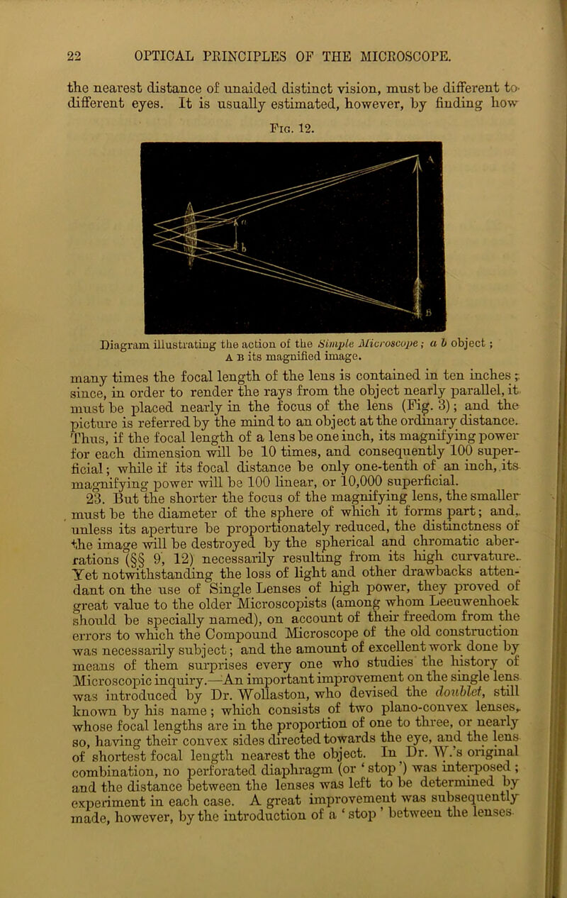 the nearest distance of unaided distinct vision, must be different to^ diflPerent eyes. It is usually estimated, however, by finding how Fig. 12. Diagram illustrating the action of the Simple. Microscope; a h object; A B its magnified image. many times the focal length of the lens is contained in ten inches since, in order to render the rays from the object nearly parallel, it must be placed nearly in the focus of the lens (Fig. 3); and the picture is referred by the mind to an object at the ordmary distance. Thus, if the focal length of a lens be one inch, its magnifying power for each dimension will be 10 times, and consequently 100 super- ficial; while if its focal distance be only one-tenth of an inch,.its. magnifying power will be 100 linear, or 10,000 superficial. 23. But the shorter the focus of the magnifying lens, the smaller must be the diameter of the sphere of which it forms part; and,, unless its aperture be proportionately reduced, the distinctness of the image will be destroyed by the spherical and chromatic aber- rations (§§ 9, 12) necessailly resulting from its high curvature- Yet notwithstanding the loss of light and other drawbacks atten- dant on the use of Single Lenses of high power, they proved of great value to the older Microscopists (among whom Leeuwenhoek should be specially named), on account of their freedom from the errors to which the Compound Microscope of the old construction was necessarily subject; and the amount of exceUent work done by means of them surprises every one who studies the history of Microscopic inquiry.—'Ajx important improvement on the single lens was introduced by Dr. Wollaston, who devised the doublet, still known by his name; which consists of two plano-convex lenses,, whose focal lengths are in the projiortion of one to three, or nearly so, having their convex sides directed towards the eye, and the lens of shortest focal length nearest the object. In Dr. W.’s original combination, no perforated diaphragm (or ‘ stop ’) was mterposed ; and the distance between the lenses was left to be determmed by experiment in each case. A great improvement was subsequently made, however, by the introduction of a ‘ stop ’ between the lenses