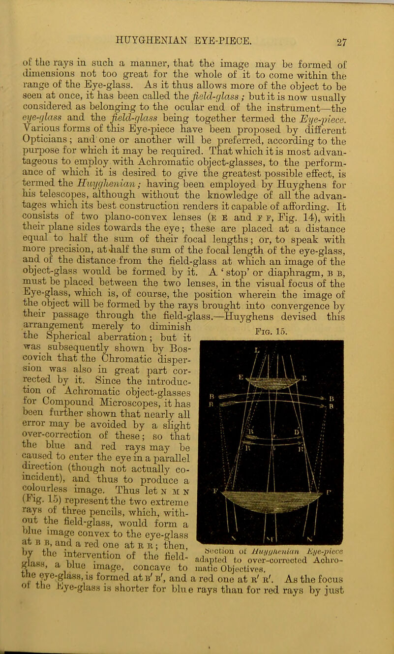 HUYGHENIAN EYE-PIECE. of the rays in such a manner, that the image may he formed of ilimensions not too great for the whole of it to come within the range of the Eye-glass. As it thus allows more of the object to be seen at once, it has been called the field-glass ; but it is now usually considered as belonging to the ocular end of the instrument—the eye-glass and the field-glass being together termed the Eye-piece. Various forms of this Eye-piece have been proposed by different Opticians ; and one or another will be preferred, according to the purpose for which it may be required. That which it is most advan- tageous to employ with Achromatic object-glasses, to the perform- ance of which it is desired to give the greatest possible effect, is termed the Huyglienian; having been employed by Huyghens for his telescopes, although without the knowledge of all the advan- tages which its best construction renders it cajjable of affording. It consists of two plano-convex lenses (e e and e e. Fig. 14), with their plane sides towards the eye; these are placed at a distance equal to half the sum of their focal lengths; or, to speak with more jprecision, at half the sum of the focal length of the eye-glass, and of the distance from the field-glass at which an image of the object-glass would be formed by it. A ‘ stop’ or diaphragm, b b, must be placed between the two lenses, in the visual focus of the ^y®g\^ss, which is, of course, the position wherein the image of the object will be formed by the rays brought into convergence by their passage through the field-glass.—Huyghens devised tliis arrangement merely to diminish the Spherical aberration; but it was subsequently shown by Bos- cqvich that the Chromatic disper- sion was also in great part cor- rected by it. Since the introduc- tion of Achromatic object-glasses for Compound Microscopes, it has been further shown that nearly all error may be avoided by a slight over-correction of these; so that the blue and red rays may be caused to enter the eye in a parallel ^rection (though not actually co- incident), and thus to produce a colourless image. Thus let n at n (Fig. 15) represent the two extreme rays of three pencils, which, with- out the field-glass, would form a due image convex to the eye-glass at B and a red one at k e. ; then, hy the intervention of the tield- g ass, a blue^ image, concave to mmic uDjectives. e eye-glass, is formed at b' b', and a red one at r' r'. As the focus o le Eye-glass is shorter for blue rays than for red rays by just Fig. 15. fSectiou ol Huiiijlivnian Eye-jnece adapted to over-corrected Achro- matic Objectives.