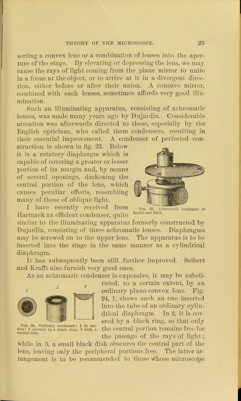 serting a convex lens or a combination of lenses into tlie aper- ture of the stage. By elevating or depressing the lens, we may cause the rays of light coming from the plane mirror to unite in a focus at the object, or to arrive at it in a divergent direc- tion, either before or after their union. A concave mirror, combined with such lenses, sometimes affords very good illu- mination. Such an illuminating apparatus, consisting of achromatic lenses, was made many years ago by Dujardin. Considerable attention was afterwards directed to these, especially by the English opticians, who called them condensers, resulting in their essential improvement. A condenser of perfected con- struction is shown in tig. 23. Below it is a rotatory diaphragm which is capable of covering a greater or lesser portion of its margin and, by means of several openings, darkening the central portion of the lens, which causes peculiar effects, resembling- many of those of oblique light. I have recently received from Hartnack an efficient condenser, quite similar to the illuminating apparatus formerly constructed bj^ Dujardin, consisting of three achromatic lenses. Diaphragms may be screwed on to the upper lens. The apparatus is to be inserted into the stage in the same manner as a cylindrical diaphragm. It has subsequently been still further improved. Seibert and Krafft also furnish very good ones. As an achromatic condenser is expensive, it may be substi- tuted, to a certain extent, by an ordinary plano-convex lens. Fig. 24, 1, shows such an one inserted into the tube of an ordinary cylin- drical diaphragm. In 2, it is cov- ered by a black ring, so that only the central portion remains free for the passage of the rays of light; while in 3, a small black disk obscures the central part of the lens, leaving only the peripheral portions free. The latter ar- rangement is to be recommended to those whose microscope Fia. 23. Achromatic condenser of Smith and Beck. Fig. 24. Ordinary condenser; 1 in sec- tion ; 2 covered by a black ring; 3 with a central disk.
