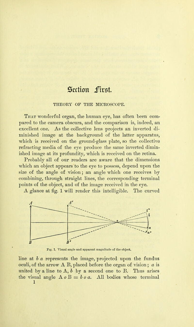 Section ifirst. THEORY OF THE MICROSCOPE. That wonderful organ, the hiiman eye, lias often been com- pared to the camera obscnra, and the comparison is, indeed, an excellent one. As the collective lens projects an inverted di- minished image at the background of the latter apparatus, which is received on the ground-glass plate, so the collective refracting media of the eye produce the same inverted dimin- ished image at its profundity, which is received on the retina. Probably all of our readers are aware that the dimensions which an object appears to the eye to possess, depend upon the size of the angle of vision; an angle which one receives by combining, through straight lines, the corresponding terminal points of the object, and of the image received in the eye. A glance at fig. 1 will render this intelligible. The curved A A' B B' Fig. 1. Visual angle and apparent magnitude of the object. line at b a represents the image, projected upon the fundus oculi, of the arrow A B, placed before the organ of vision; a is united by a line to A, 5 by a second one to B. Thus arises