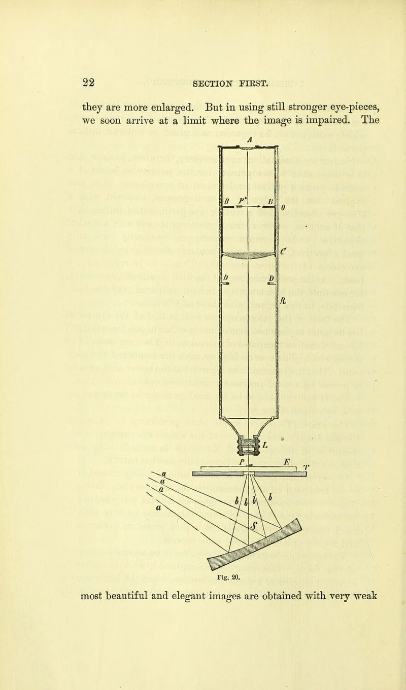 they are more enlarged. But in using still stronger eye-pieces, we soon arrive at a limit where the image is impaired. The Fig. 20. most beautiful and elegant images are obtained with very weak