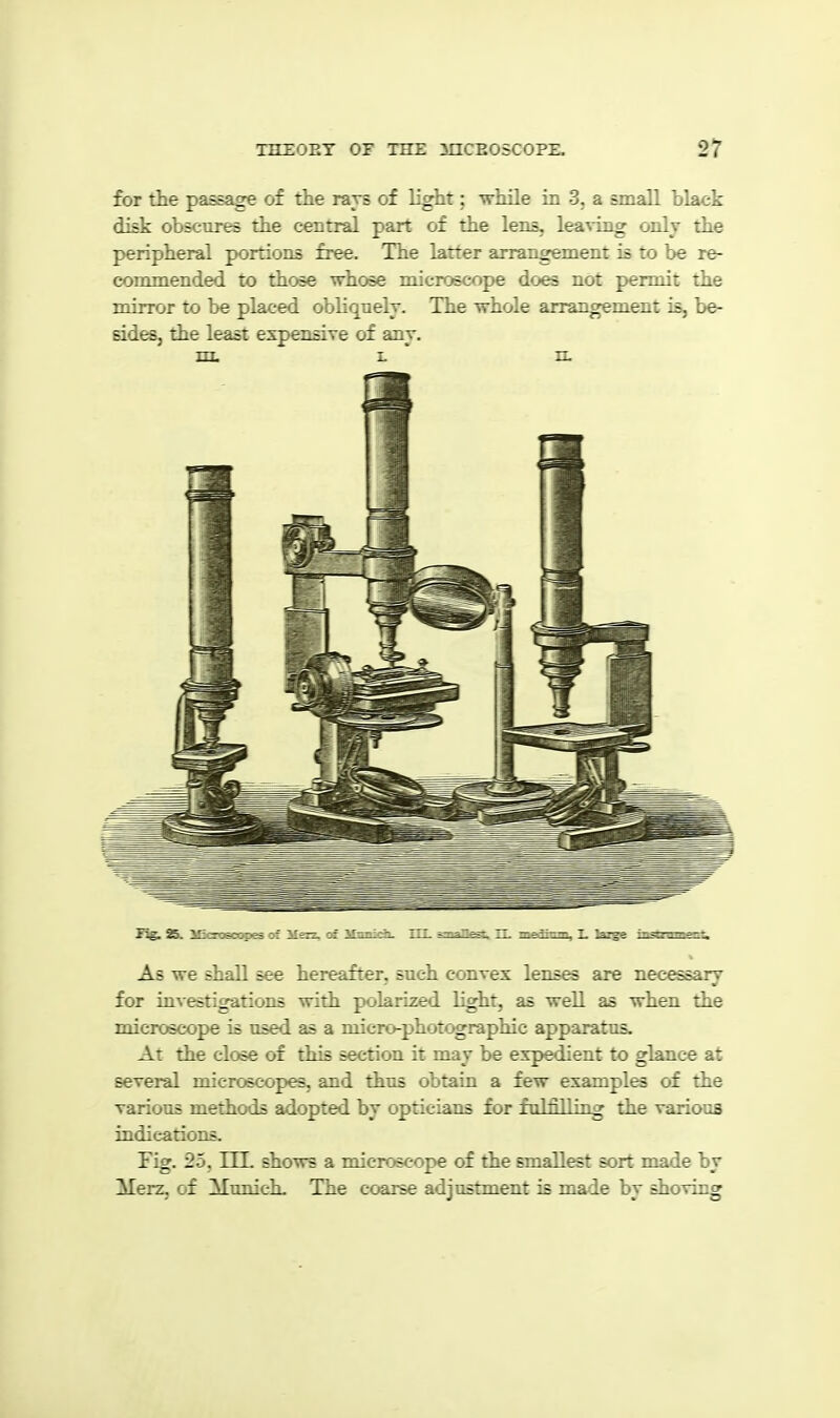 for the passage of the rars of light; while in 3. a small black disk obscures the central part of the lens, leaving only the peripheral portions free. The latter arrangement is to be re- commended to those wlicee microscope does not permit the mirror to be placed, obliquely. The whole arrangement is, be- sides, the least expensive of any. m. L * n. As we shall see hereafter, such convex lenses are necessarv for investigations with polarized, light, as well as when the microscope is used as a micro-photographic apparatus. At the close of this section it may be expedient to glance at several micrcscopes, and thus obtain a few examples of the various methods adopted by opticians for fulfilling the various indications. Fig. 25, nr. shows a microscope of the smallest sort made by Merz, of Munich, The coarse adjustment is made by shoving