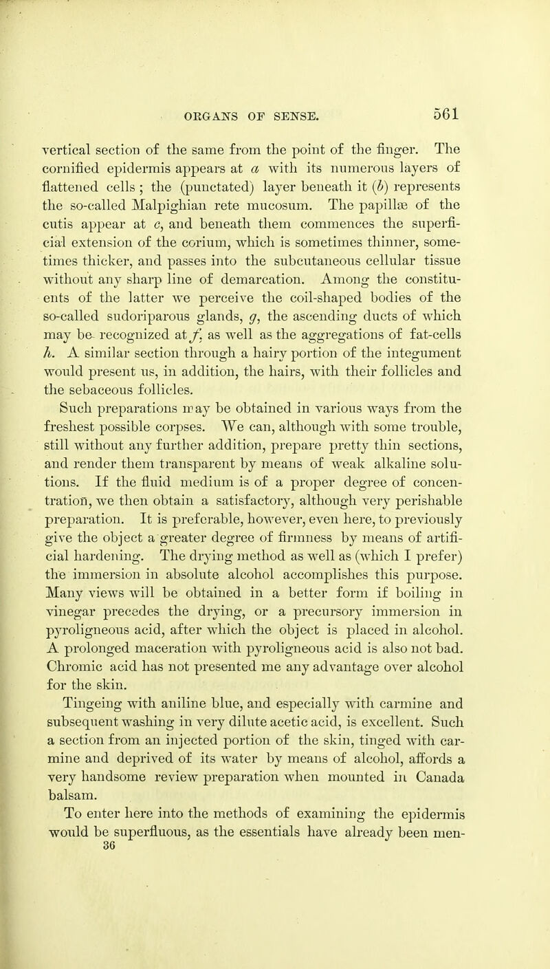 vertical section of the same from the point of the finger. The cornified epidermis appears at a with its numerous layers of flattened cells ; the (punctated) layer beneath it {h) represents the so-called Malpighian rete mucosum. The papillae of the cutis appear at c, and beneath them commences the superfi- cial extension of the corium, which is sometimes thinner, some- times thicker, and passes into the subcutaneous cellular tissue without any sharp line of demarcation. Among the constitu- ents of the latter we perceive the coil-shaped bodies of the so-called sudoriparous glands, ^, the ascending ducts of which may ba recognized at/! as well as the aggregations of fat-cells Ti. A similar section through a hairy portion of the integument would present us, in addition, the hairs, with their follicles and the sebaceous follicles. Such preparations may be obtained in various ways from the freshest possible corpses. We can, although Avith some trouble, still without any further addition, prepare pretty thin sections, and render them transparent by means of weak alkaline solu- tions. If the fluid medium is of a proper degree of concen- tration, we then obtain a satisfactory, although very perishable preparation. It is preferable, however, even here, to previously give the object a greater degree of firmness by means of artifi- cial hardening. The drying method as well as (which I prefer) the immersion in absolute alcohol accomplishes this purpose. Many views will be obtained in a better form if boiling in vinegar precedes the drying, or a precursory immersion in pyroligneous acid, after which the object is placed in alcohol. A prolonged maceration with pyroligneous acid is also not bad. Chromic acid has not presented me any advantage over alcohol for the skin. Tingeing with aniline blue, and especially with carmine and subsequent washing in very dilute acetic acid, is excellent. Such a section from an injected portion of the skin, tinged with car- mine and deprived of its water by means of alcohol, affords a very handsome review preparation when mounted in Canada balsam. To enter here into the methods of examining the epidermis would be superfluous, as the essentials have already been men- 36