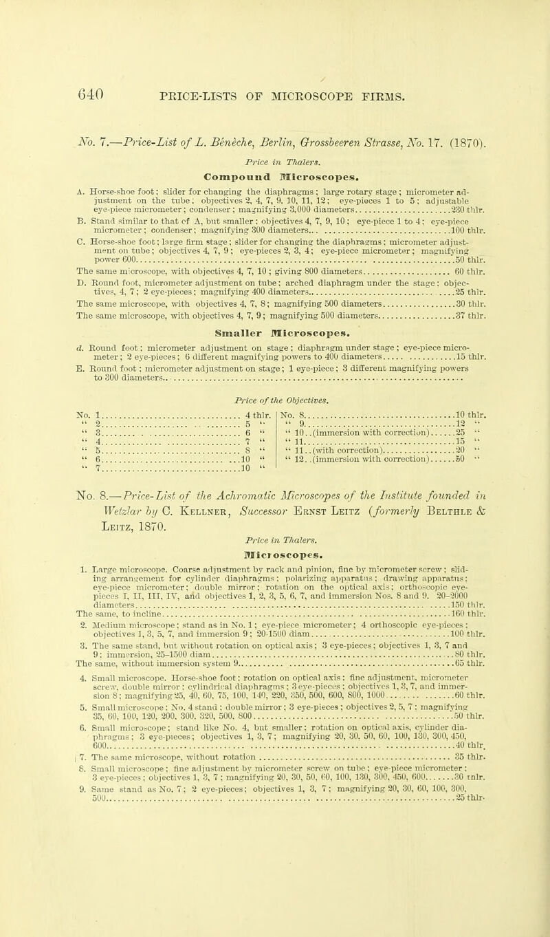 N'o. 7.—Price-List of L. Beneche^ Berlin^ Grossbeeren Strasse, No. 17. fl870). Price in Thalers. Compound Microscopes. A. Horse-shoe foot: slider for changing the diaphragms; large rotary stage; micrometer ad- justment on the tube; objectives 2, 4, 7, 9. ]0, 11, 12; eye-pieces 1 to 5: adjustable eye-piece micrometer; condenser; mai^nifying 3,000 diameters 230 thlr. B. Stand similar to that cf A, but smaller : objectives 4, 7, 9, 10 ; eye-piece 1 to 4: eye-jiiece micrometer; condenser; magnifying 300 diameters 100 thlr. C. Horse-shoe foot; large firm stage; slider for changing the diaphragms; micrometer adjxxst- ment on tube; objectives 4, 7, 9; eye-pieces 2, 3, 4; eye-piece micrometer; magnifying power 600 50 thlr. The same m'croscope, with objectives 4, 7, 10; giving 800 diameters 60 thlr. D. Round foot, micrometer adjustment on tube; arched diaphragm under the stage : objec- tives, 4, 7; 2 eye-pieces; magnifying 400 diameters 25 thlr. The same microscope, with objectives 4, 7, 8; magnifying 500 diameters 30 thlr. The same microscope, with objectives 4, 7, 9; magnifying 500 diameters 37 thlr. Smaller Ittlcroscoiies. d. Round foot; micrometer adjustment on stage; diaphragm under stage ; eye-piece micro- meter ; 2 eye-pieces; 6 different magnifying powers to 400 diameters 15 thlr. E. Round foot; micrometer adjustment on stage; 1 eye-piece; 3 difEerent magnifying powers to 300 diameters Price of the Objectives. No. 1 4 thlr.  2 5 '■  9  3 6 •' 10.  4  11 '■ 5 8   11.  6 10   12. 10  .15 .20 .SO No. 8.— Price-List of the Achromatic Microscopes of the Institute founded in Wetzlar hy 0. Kellner, Successor Ernst Leitz (formerly Belthle & Leitz, 1870. Price in Thalers. Microscopes. 1. Large microscope. Coarse adjustment by rack and pinion, fine by micrometer screw; slid- ing arranuemeut for cylinder diaphragms; polarizing apparatus; drawing apparatu.^: eye-piece micrometer: double mirror; rotation on the optical axis; orthn,->upi<- eye- pieces I, II, III, IV, and objectives 1, 2, 3, 5, 6, 7, and immersion Nos. 8 and '.). :i(l--.'ililO diameters 150 tlilr. The same, to incline 160 thlr. 2. Medium microscope; stand as in No. 1; eye-piece micrometer; 4 orthoseopic eye-jiieces : objectives 1, 3, 5, 7, and immersion 9; 20-1500 diam 100 thlr. 3. The same .stand, Imt without rotation on optical axis; 3 eye-pieces; objectives 1, 3, 7 and 9; immersion, 25-1.500 diam HO thlr. The same, without immersion system 9 Oo tlilr. 4. Small microscope. Horse-shoe foot; rotation on optical axis; fine adjustment, micro^neter scre'.v, double mirror : cvlindrii-al diaphragms ; 3 eve-pieces ; objectives 1, 3, 7, and immer- sion 8; m.agnifying25, 40, 60, 7.5, 100. 140, 220, ;i50, 500, 600, 800, lUOO 60 thlr. 5. Small microscope: No. 4 stand : double mirror; 3 eye-pieces; objectives 2, 5, 7; magnifying 35, 60, 100, 120, 200. 300. 320, 500. 800 .50 thlr. 6. Small microscope; stand lil\e No. 4, but smaller; rotation on optical axis, cylinder dia- phragms; 3 eye-pieces; objectives 1, 3, 7; magnifying 20, 30. 50, 00, 100, 130. 300,4.50. 600 ! 40 thlr I 7. The same microscope, wnthout rotation 35 thlr. 8. Small micro-;cope : fine adjustment bv micromerer screw ot'itn!)e; eve-piece micrometer; 3 eye-pieces; objectives 1, 3, 7 ; magnifying 20, 30, .511, CO, lUU. 130, 3il0, -J5II, 600 30 tnlr. 9. Same stand as No. 7; 2 eye-pieces; objectives 1, 3, 7; magnifying 20, .30, 60, 100, 300. 50U . 25 thlr.