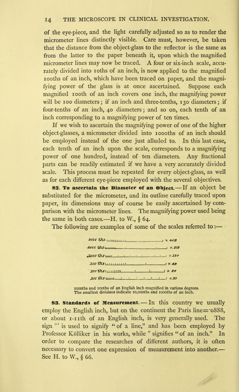 of the eye-piece, and the light carefully adjusted so as to render the ' micrometer lines distinctly visible. Care must, however, be taken that the distance from the object-glass to the reflector is the same as \ from the latter to the paper beneath it, upon which the magnified \ micrometer lines may now be traced. A four or six-inch scale, accu- rately divided into loths of an inch, is now applied to the magnified ! looths of an inch, which have been traced on paper, and the magni- I fying power of the glass is at once ascertained. Suppose each i magnified looth of an inch covers one inch, the magnifying power I will be loo diameters; if an inch and three-tenths, 130 diameters; if ■ four-tenths of an inch, 40 diameters; and so on, each tenth of an ; inch corresponding to a magnifying power of ten times. : If we wish to ascertain the magnifying power of one of the higher j object-glasses, a micrometer divided into loooths of an inch should be employed instead of the one just alluded to. In this last case, each tenth of an inch upon the scale, corresponds to a magnifying ' power of one hundred, instead of ten diameters. Any fractional ' parts can be readily estimated if we have a very accurately divided | scale. This process must be repeated for every object-glass, as well j as for each difierent eye-piece employed with the several objectives. i 82. To ascertain the Diameter of an Object.—If an object be substituted for the micrometer, and its outline carefully traced upon paper, its dimensions may of course be easily ascertained by com- | parison with the micrometer lines. The magnifying power used being i the same in both cases.—H. to W., § 64. ! The following are examples of some of the scales referred to :— j i IVGC th£. I I . ■ , I , ■ ■ . ; , X tvs , ■iOOC fJlSu,, I X^ZJ ) 1 ^/?/?/7-/^/J r,„ni:,n ■ I ■ • : : \ : xiJf : J.CO -thS I I I I I I . I ■ ■ ! I X A9 ,7/7/7 -Hij: r I ■ m 111 m ! i I S.9 mniJixini^m^^ I ! XiK | loooths and lOOths of an English inch magnified in various degrees. i The smallest divisions indicate io,oooths and loooths of an inch. j 83. Standards of Measurement. — In this country we usually | employ the EngUsh inch, but on the continent the Paris line=:'o888, \ or about i-iith of an EngHsh inch, is very generally used. The j sign 'is used to signify of a line, and has been employed by j Professor Kolliker in his works, while  signifies  of an inch. In | order to compare the researches of different authors, it is often I necessary to convert one expression of measurement into another.— j See H. to W., § 66. j