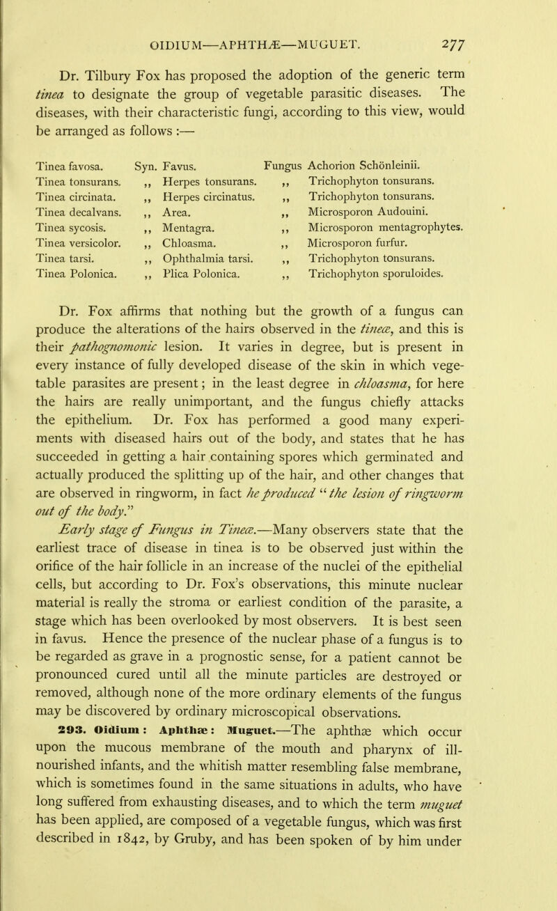 OIDIUM—APHTHAE—MUGUET. 277 Dr. Tilbury Fox has proposed the adoption of the generic term tinea to designate the group of vegetable parasitic diseases. The diseases, with their characteristic fungi, according to this view, would be arranged as follows :— Tinea favosa. Tinea tonsurans. Tinea circinata. Tinea decalvans. Tinea sycosis. Tinea versicolor. Tinea tarsi. Tinea Polonica. Syn. Favus. Herpes tonsurans. Herpes circinatus, ,, Area. ,, Mentagra. ,, Chloasma. ,, Ophthalmia tarsi. ,- Plica Polonica. Fungus Achorion Schonleinii. ,, Trichophyton tonsurans. Trichophyton tonsurans. Microsporon Audouini. Microsporon mentagrophytes. Microsporon furfur. Trichophyton tonsurans. Trichophyton sporuloides. Dr. Fox affirms that nothing but the growth of a fungus can produce the alterations of the hairs observed in the tinecB, and this is their pathog?iomonic lesion. It varies in degree, but is present in every instance of fully developed disease of the skin in which vege- table parasites are present; in the least degree in chloasma, for here the hairs are really unimportant, and the fungus chiefly attacks the epithelium. Dr. Fox has performed a good many experi- ments with diseased hairs out of the body, and states that he has succeeded in getting a hair containing spores which germinated and actually produced the splitting up of the hair, and other changes that are observed in ringworm, in fact he produced the lesion of ringworm out of the body. Early stage ef Fungus in Tinece.—Many observers state that the earliest trace of disease in tinea is to be observed just within the orifice of the hair follicle in an increase of the nuclei of the epithelial cells, but according to Dr. Fox's observations, this minute nuclear material is really the stroma or earliest condition of the parasite, a stage which has been overlooked by most observers. It is best seen in favus. Hence the presence of the nuclear phase of a fungus is to be regarded as grave in a prognostic sense, for a patient cannot be pronounced cured until all the minute particles are destroyed or removed, although none of the more ordinary elements of the fungus may be discovered by ordinary microscopical observations. 293. Oidium: Aphthae: Muguet.—The aphthae which occur upon the mucous membrane of the mouth and pharynx of ill- nourished infants, and the whitish matter resembling false membrane, which is sometimes found in the same situations in adults, who have long suffered from exhausting diseases, and to which the term muguet has been appHed, are composed of a vegetable fungus, which was first described in 1842, by Gruby, and has been spoken of by him under