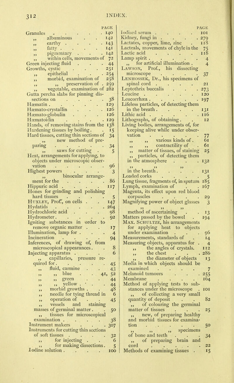 PAGE Granules . . . . .140 albuminous . , 142 earthy .... 143 fatty .... 141 pigmentary . . .142 ,, within cells, movements of 72 Green injecting fluid . . -44 Growths, cystic . . . 251 epithelial . . . 254 morbid, examination of 258 ,, preservation of . 259 ,, vegetable, examination of 282 Gutta percha slabs for pinning dis- sections on . . . • 38 Hsematin . . . . .129 Haemato-crystallin . . .126 Hsemato-globulin . . .126 Hsematoidin . . . .129 Hands, of removing stains from the 138 Hardening tissues by boiling. -15 Hard tissues, cutting thin sections of 34 ,, new method of pre- paring . . . _ . .34 ,, saws for cutting . 5 Heat, arrangements for applying, to objects under microscopic obser- vation . . . . .96 Highest powers ... 3 ,, binocular arrange- ment for the . . . .86 Hippuric acid . . . . 117 Hones for grinding and polishing hard tissues .... 5 Huxley, ProfT, on cells . . 147 Hydatids ..... 264 Hydrochloric acid ... 98 Hydrometer. . . . .92 Igniting substances in order to remove organic matter . . 17 Illumination, lamp for . . • 4 Incineration .... 94 Inferences, of drawing of, from microscopical appearances, . 8 Injecting apparatus ... 6 ,, capillaries, pressure re- quired for. . . . -45 ,, fluid, carmine . . 43 „ ,, blue . . 41, 52 „ ,, green . . 44 ,, ,, yellow . ' . .44 ,, morbid growths . . 48 ,, needle for tying thread in 6 ,, operation of . . 45 ,, vessels and staining masses of germinal matter . . 50 tissues for microscopical examination .... 38 Instrument makers . . . 307 Instruments for cutting thin sections of soft tissues . . . -32 ,, for injecting . . 6 ,, for making dissections. 5 Iodine solution .... 100 PAGE Iodised serum . . . . 101 Kidney, fungi in . . . .279 Lactates, copper, lime, zinc . 118 Lacteals, movements of chyle in the 75 Lactic acid . . . . 118 Lamp spirit ..... 4 ,, for artificial illumination . 4 Lawson, Prof, his dissecting microscope , . . -37 Lenhossek, Dr., his specimens of spinal cord . . . . 21 Leptothrix buccalis . . -273 Leucine . . . . .120 Leucorrhaea . . . . -197 Lifeless particles, of detecting them in the breath. . . . 131 Lithic acid . . . . .116 Lithographs, of obtaining . . 12 Living bodies, arrangements of, for keeping alive while under obser- vation . . . . .77 ,, ,, various kinds of. 61 ,, ,, contractility of ,61 ,, matter of tissues, of staining 25 ,, particles, of detecting them in the atmosphere . . .132 55 5> J> in the breath .... 131 Loaded corks .... 5 Lung tissue, fragments of, in sputum 185 Lymph, examination of . .167 Magenta, its effect upon red blood corpuscles . . . .29 Magnifying power of object glasses 3 55 »5 J> method of ascertaining . .13 Matters passed by the bowel . 194 Max. Schultze, his arrangements for applying heat to objects under examination , . .96 Measurements, standards of . 14 Measuring objects, apparatus for . 4 the angles of crystals. 112 ,, the chest . . . 286 ,, the diameter of objects 13 Media in which objects should be examined .... 7 Melanoid tumours . . . 255 Membrane . . . .164 Method of applying tests to sub- stances under the microscope . loi ,, of collecting a very small quantity of deposit . . 82 ,, of colouring the germinal matter of tissues . . -25 ,, new, of preparing healthy and morbid tissues for examina- tion ..... 50 ,, ,, specimens of bone and teeth . . -34 ,, of preparing brain and cord . . ... .22 Methods of examining tissues . 15