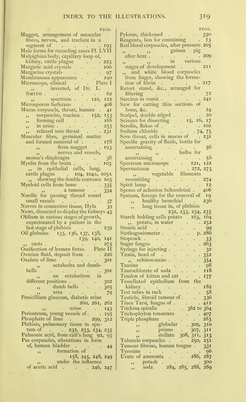FIGS. Maggot, arrangement of muscular fibres, nerves, and trachese in a segment of . . . -193 Male forms for recording cases PI. LVII Malpighian body, capillary loop of, kidney, cattle plague . . 223 Margaric acid crystals . . 100 Margarine crystals . . -97 Membranous appearance . . 190 Microscope, clinical . . Plate I ,, inverted, of Dr. L. Smith 62 ,, spectrum . . 121, 122 Microsporon furfurans . . 408 Mucus corpuscle, throat, human . 41 ,, corpuscles, trachea . 152, 153 ,, forming cell . . .168 ,, in urine .... 255 ,, relaxed sore throat . -231 Muscular fibre, germinal matter and formed material of . . 178 from maggot . 193 ,, nerves and vessels, mouse's diaphragm . . 38 Myelin from the brain . . -103 ,, in epithelial cells, lung, cattle plague . 104, 104A, 105 A ,, showing the double contours 103 Myeloid cells from bone . . 335 ,, a tumour . 334 Needle for passing thread round small vessels . . . -37 Nerves in connective tissue, Hyla 39 Newt, dissected to display the kidneys 45 O'idium in various stages of growth, expectorated by a patient in the last stage of phthisis . . 239 Oil globules 135, 136, 137, 138, 139, 140, 141 ,, casts ..... 275 Ossification of human foetus Plate II Ovarian fluid, deposit from . . 226 Oxalate of lime . . .301 ,, octahedra and dumb- bells 301 ,, an octahedron in different positions . . . 302 dumb bells . . 305 ,, urea ... 79 Penicillium glaucum, diabetic urine 260, 261, 262 ,, urine . 143 Periosteum, young vessels of. . 195 Phosphate of lime . . 299, 312 Phthisis, pulmonary tissue in spu- tum of . . 232, 233, 234, 235 Pulmonic acid, from calf's lung 92, 93 Pus corpuscles, alterations in form of, human bladder . . -44 ,, formation of 158, 245, 248, 249 under the influence of acetic acid 246, 247 FIGS. Pylorus, thickened . . . 330 Reagents, box for containing . 73 Red blood corpuscles, after pressure 205 „ „ guinea pig after heat ..... ,, in various stages of development . ,, and white blood corpuscles from finger, showing the forma- tion of fibrin .... Retort stand, &c., arranged for filtering .... Sarcinae in vomit .... Saw for cutting thin sections of bone, &c. .... Scalpel, double edged . Scissars for dissecting . 15, Serolin, flakes of . Sodium chloride Sore throat, cells in mucus of Specific gravity of fluids, bottle for ascertaining .... ,, ,, bulbs for ascertaining .... Spectrum microscope . 121, Spermatozoa . . . 272, ,, vegetable filaments resembling .... Spirit lamp ..... Spores of achorion Schoenleinii . Sputum, forceps for the removal of ,, healthy bronchial ,, lung tissue in, of phthisis 232, 233, 234, 235 209 211 217 72 242 24 . 20 16, 17 . 102 74, 75 231 56 55 122 273 274 12 406 19 236 Starch holding cells potato 163, ,, potato, in water Stearic acid Stethogoniometer . Stopcock . Sugar fungus Syringe for injecting . Taenia, head of ,, echinococcus . Taurine Taurochlorate of soda Tendon of kitten and cat Tessellated epithelium kidney .... Test tubes in rack Testicle, fibroid tumour of. Tinea Tarsi, fungus of . Trichina spiralis Trichophyton tonsurans Triple phosphate ,, globular ,, prisms ,, stellate Tubercle corpuscles . Tumour fibrous, human tongue Tyrosine Urate of ammonia . . 286, 287 ,, potash .... 300 ,, soda 284, 285, 288, 289 164 252 99 286 33 263 32 352 354 98 118 . 177 from the 182 . . 58 . 336 . 412 362 to 364 . 407 . 283 310 311 313 251 331 96 308, 309, 307, 311, 250,