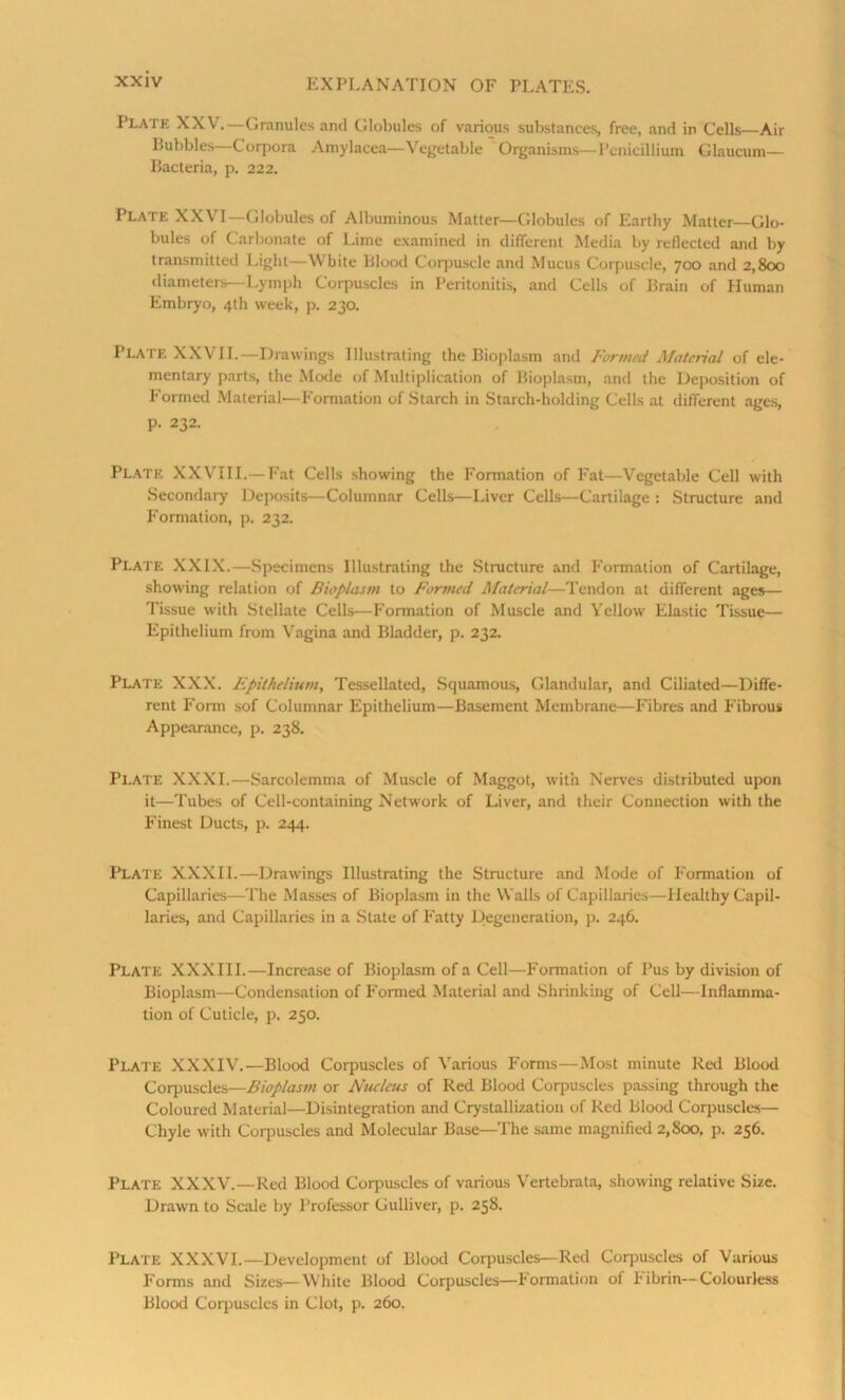 Plate XXV.—Granules and Globules of various substances, free, and in Cells—Air Hubbles—Corpora Amylacea—Vegetable Organisms—Penicillium Glaucum— Bacteria, p. 222. Plate XXVI—Globules of Albuminous Matter—Globules of Earthy Matter—Glo- bules of Carbonate of Lime examined in different Media by reflected and by transmitted Light—White Blood Corpuscle and Mucus Corpuscle, 700 and 2,800 diameters—Lymph Corpuscles in Peritonitis, and Cells of Brain of Human Embryo, 4th week, p. 230. Plate XXVII.—Drawings Illustrating the Bioplasm and Formed Material of ele- mentary parts, the Mode of Multiplication of Bioplasm, and the Deposition of Formed Material—Formation of Starch in Starch-holding Cells at different ages, p. 232. Plate XXVIII.— Fat Cells showing the Formation of Fat—Vegetable Cell with Secondary Deposits—Columnar Cells—Liver Cells—Cartilage : Structure and Formation, p. 232. Plate XXIX.—Specimens Illustrating the Structure and Formation of Cartilage, showing relation of Bioplasm to Formed Material—Tendon at different ages— Tissue with Stellate Cells—Formation of Muscle and Yellow Elastic Tissue— Epithelium from Vagina and Bladder, p. 232. Plate XXX. Epithelium, Tessellated, Squamous, Glandular, and Ciliated—Diffe- rent Form sof Columnar Epithelium—Basement Membrane—Fibres and Fibrous Appearance, p. 238. Plate XXXI.—Sarcolemma of Muscle of Maggot, with Nerves distributed upon it—Tubes of Cell-containing Network of Liver, and their Connection with the Finest Ducts, p. 244. Plate XXXII.—Drawings Illustrating the Structure and Mode of Formation of Capillaries—The Masses of Bioplasm in the Walls of Capillaries—Healthy Capil- laries, and Capillaries in a State of Fatty Degeneration, p. 246. Plate XXXIII.—Increase of Bioplasm of a Cell—Formation of Pus by division of Bioplasm—Condensation of Formed Material and Shrinking of Cell—Inflamma- tion of Cuticle, p. 250. Plate XXXIV.—Blood Corpuscles of Various Forms—Most minute Red Blood Corpuscles—Bioplasm or Nucleus of Red Blood Corpuscles passing through the Coloured Material—Disintegration and Crystallization of Red Blood Corpuscles— Chyle with Corpuscles and Molecular Base—The same magnified 2,800, p. 256. Plate XXXV.—Red Blood Corpuscles of various Vertebrata, showing relative Size. Drawn to Scale by Professor Gulliver, p. 258. Plate XXXVI.—Development of Blood Corpuscles— Red Corpuscles of Various Forms and Sizes—White Blood Corpuscles—Formation of Fibrin—Colourless Blood Corpuscles in Clot, p. 260.