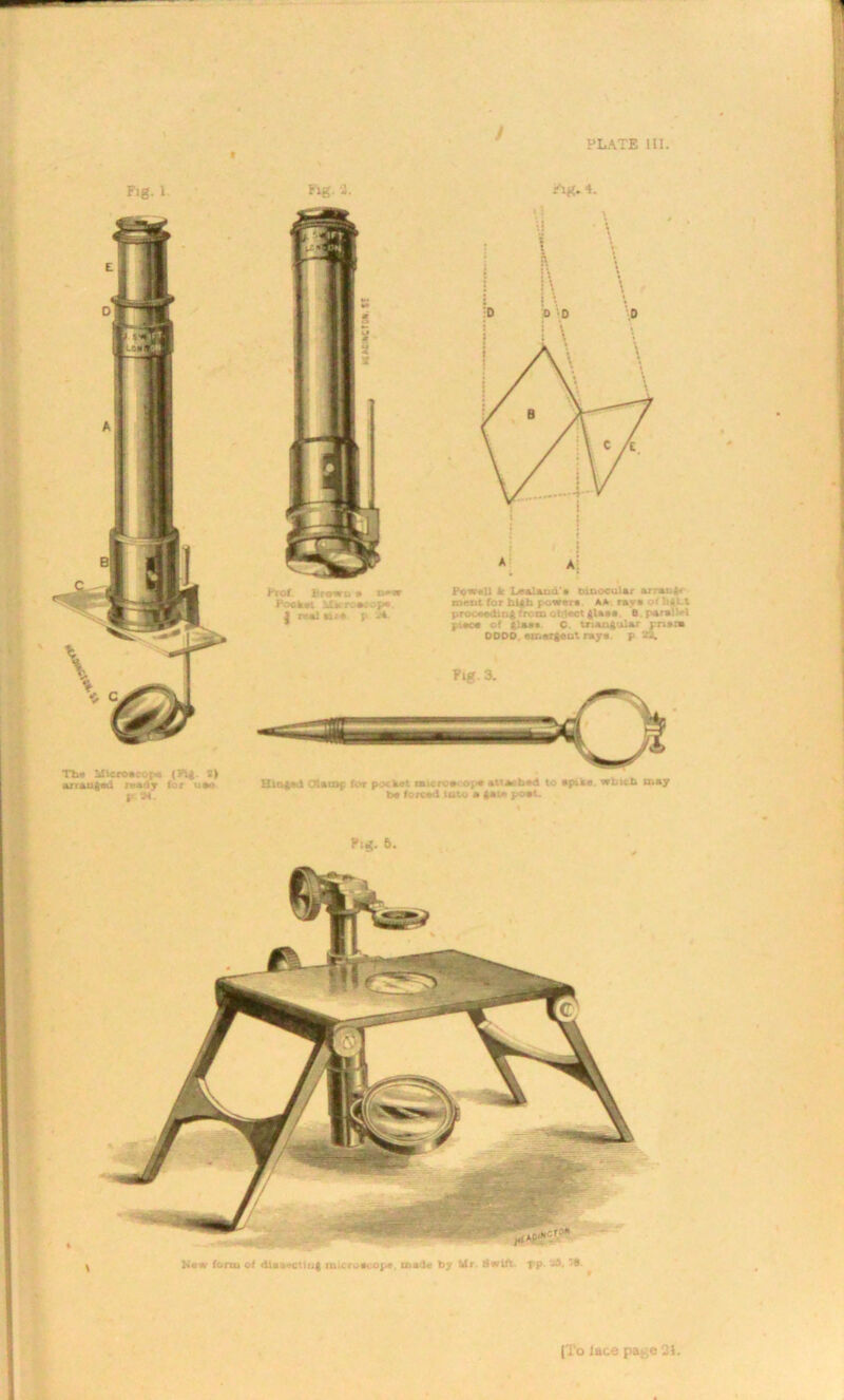 Fig. I Tbs Microscopa (F14. .) vito|«i reedy for use p iM. Pig. i. Hof. Bronu • l<*» Pocket ilrcroec-p* | rst! awe I -* Fig. 4. Powell k Lealaud'* binocular arrant* meet for hiJLh power* aa ray* of li*Lt proceeding from oMecl |la»* B par*: VI t ace of glass C triangular pnsra DODO emergent rays p 3t» Fig. 3. Hinged Otarap for pocket nucrua op* attached to apik*. eticL may be forced into a gat* poet. Fig. 5. \ Near form of dlaa«ctiij| microscope. made by Mr. Swift, pp. 25, IB.