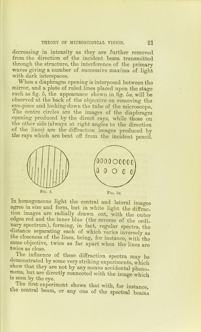 ■decreasing in intensity as they are further removed from the direction of the incident beam transmitted through the structure, the interference of the primary waves giving a number of successive maxima of light •with dark interspaces. When a diaphragm opening is interposed between the mirror, and a plate of ruled lines placed upon the stage such as fig. 5, the appearance shown in fig. 5a, will be observed at the back of the objective on removing the eye-piece and looking down the tube of the microscope. The centre circles are the images of the diaphragm opening produced by the direct rays, while those on the other side (always at right angles to the direction of the lines) are the diffraction images produced by the rays w^hich are bent off from the incident pencil. Pio. 5. Fig. 5a. In homogeneous light the central and lateral imao-es agree in size and form, but in white light the diffrac- tion images are radially drawn out, with the outer edges red and the inner blue (the reverse of the ordi- mry spectrum), forming, in fact, regular spectra, the distance separating each of which varies inversely as the closeness of the lines, being, for instance, with the same objective, twice as far apart when the lines are twice as close. The influence of these diffraction spectra may be demonstrated by some very striking experiments, which show that they are not by any means accidental pheno- mena, but are directly connected with the image which IS seen by the eye. The first experiment shows that with, for instance, t^e central beam, or any one of the spectral beams