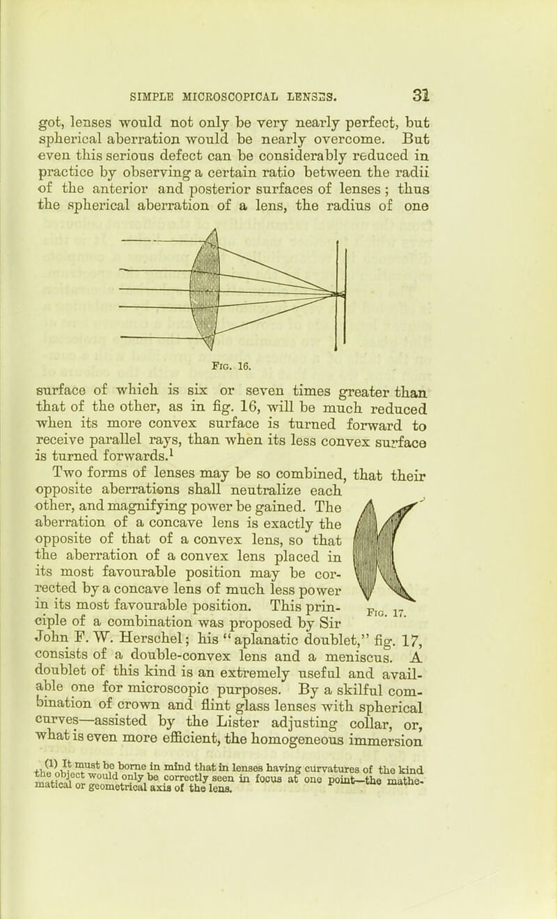 got, lenses would not only be very nearly perfect, but spherical aberration would be nearly overcome. But even this serious defect can be considerably reduced in. practice by observing a certain ratio between the radii of the anterior and posterior surfaces of lenses; thus the spherical aberration of a lens, the radius of one Fig. 16. surface of which is six or seven times greater than that of the other, as in fig. 16, will be much reduced when its more convex surface is turned forward to receive parallel rays, than when its less convex surface is turned forwards.^ Two forms of lenses may be so combined, that their opposite aberrations shall neutralize each other, and magnifying power be gained. The '* aberration of a concave lens is exactly the / i opposite of that of a convex lens, so that ^ the aberration of a convex lens placed in its most favourable position may be cor- rected by a concave lens of much less power ^, in its most favourable position. This prin- p„ ciple of a combination was proposed by Sir John F. W. Herschel; his aplanatic doublet, fig. 17, consists of a double-convex lens and a meniscus. A doublet of this kind is an extremely useful and avail- able one for microscopic purposes. By a skilful com- bmation of crown and flint glass lenses with spherical curves—assisted by the Lister adjusting collar, or, what is even more efficient, the homogeneous immersion +>ii^oW^** bo borne in mind that in lenses having curvatures of the kind m^tw^i n^ correctly seen in focua at one poinb-the mathe- matical or geometrical axis ot the lens. uiowic