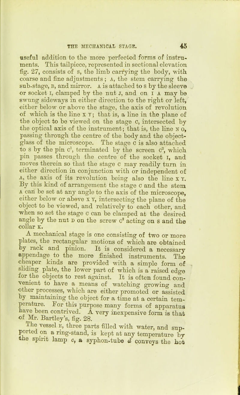 useful addition to the more perfected forms of instru- ments. This tailpiece, represented in sectional elevation fig. 27, consists of s, the limb carrying the body, ■with coarse and fine adjustments ; A, the stem carrying the sub-stage, B, and mirror. A is attached to s by the sleeve or socket i. clamped by the nut j, and on i A may be swung sideways in either direction to the right or left, either below or above the stage, the axis of revolution of which is the line x y; that is, a line in the plane of the object to be viewed on the stage c, intersected by the optical axis of the instrument; that is, the line N o, passing through the centre of the body and the object- glass of the microscope. The stage c is also attached to s by the pin c\ terminated by the screen C^, which pin passes through the centre of the socket I, and moves therein so that the stage C may readily turn in either direction in conjunction with or independent of A, the axis of its revolution being also the line x Y. By this kind of arrangement the stage C and the stem A can be set at any angle to the axis of the microscope, either below or abeve x Y, intersecting the plane of the object to be viewed, and relatively to each other, and when so set the stage c can be clamped at the desired angle by the nut d on the screw acting on s and the collar K. A mechanical stage is one consisting of two or more plates, the rectangular motions of which are obtained by rack and pinion. It is considered a necessary appendage to the more finished instruments. The cheaper kinds are provided with a simple form of slidmg plate, the lower part of which is a raised edge for the objects to rest against. It is often found con- venient to have a means of watching growing and other processes, which are either promoted or assisted by maintaining the object for a time at a certain tem- perature. For this purpose many fonns of apparatus have been contrived. A very inexpensive form is that of Mr. Hartley's, fig. 28. The vessel b, three parts filled with water, and sup- ported on a ring-stand, is kept at any temperature by the spirit lamp c, a syphon-tube d conveys the hot
