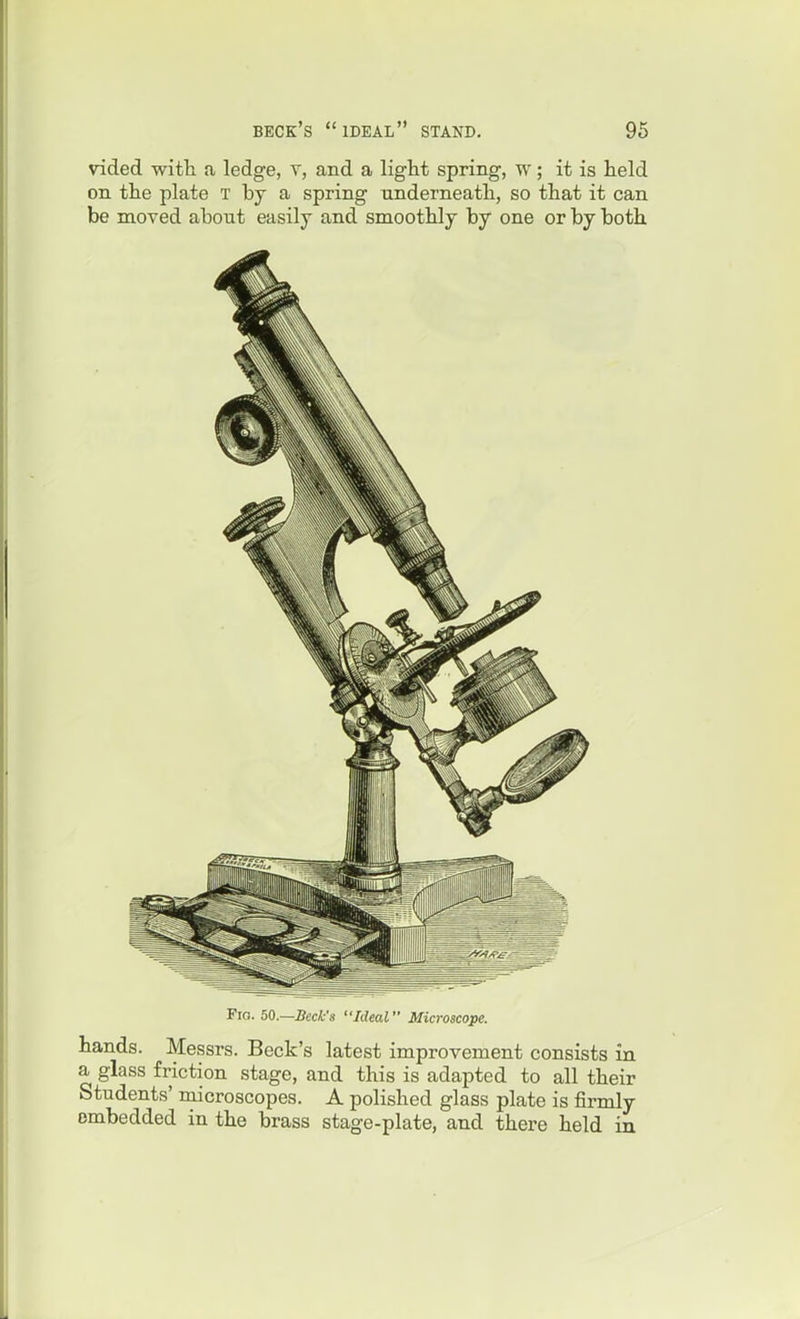 vided with, a ledge, v, and a light spring, w; it is held on the plate T bj a spring underneath, so that it can be moved about easily and smoothly by one or by both Fio. 50.—Beck's Ideal Microscope. hands. Messrs. Beck's latest improvement consists in a glass friction stage, and this is adapted to all their Students' microscopes. A polished glass plate is firmly embedded in the brass stage-plate, and there held in