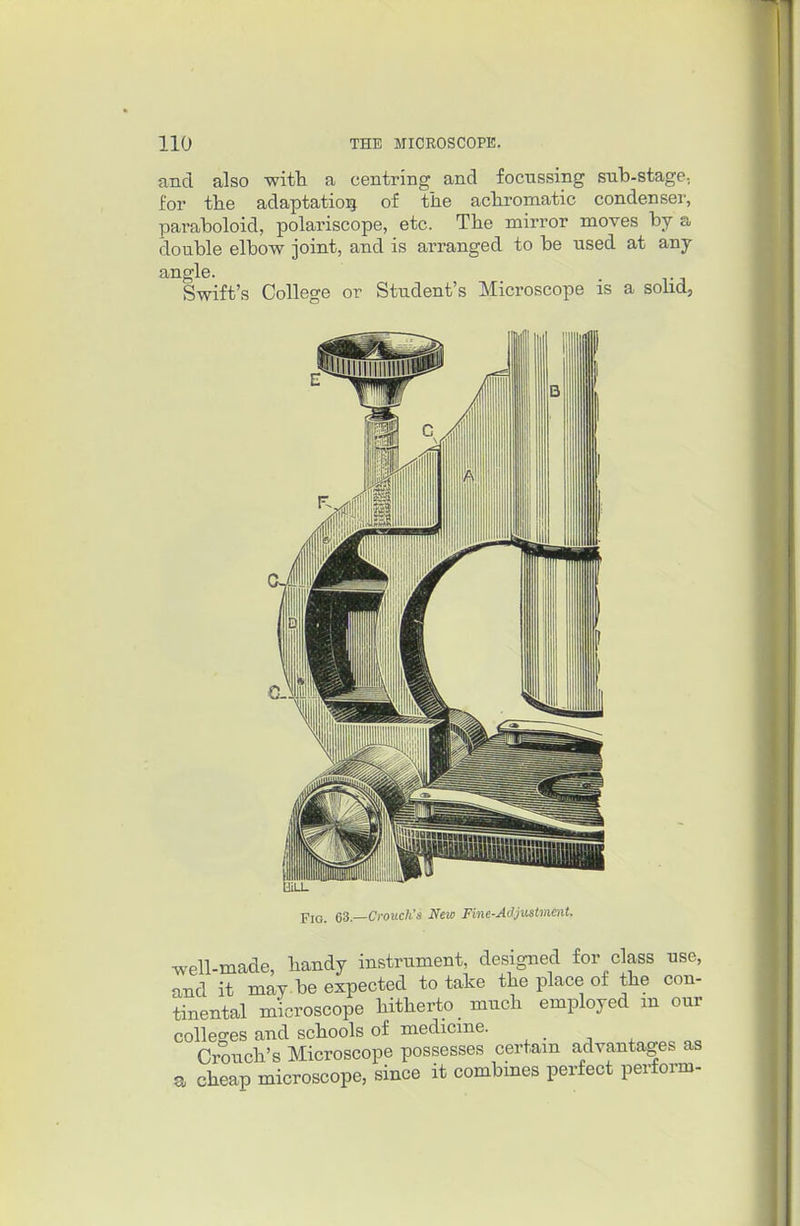 and also wifh a centring and focussing sub-stage^ for the adaptation of tJie achromatic condenser, paraboloid, polariscope, etc. The mirror moves by a double elbow joint, and is arranged to be used at any angle. Swift's College or Student's Microscope is a sohd, Fio. 6S.—Crouch's New Fine-Adjustment. well-made, handy instrument, designed for class use, and it may be expected to take the place of the con- tinental microscope hitherto much employed m our colleges and schools of medicine. Crouch's Microscope possesses certain advantages as a cheap microscope, since it combines perfect perform-