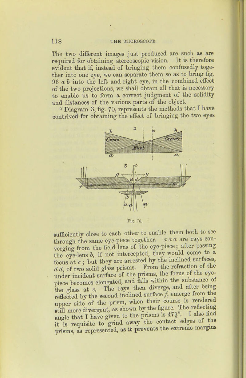 The two different images just produced are such as are required for obtaining stereoscopic vision. It is therefore evident that if, instead of bringing them confusedly toge- ther into one eye, we can separate them so as to bring fig. 96 a 5 into the left and right eye, in the combined effect of the two projections, we shall obtain all that is necessary to enable us to form a correct judgment of the solidity and distances of the various parts of the object.  Diagram 3, fig. 70, represents the methods that I have contrived for obtaining the effect of bringing the two eyes I- -A - ' T Fig . 70. sufficiently close to each other to enable them both to see through the same eye-piece together, aaa are rays con- verging from the field lens of the eye-piece; after passmg the eve-lens h, if not intercepted, they would come to a focus at c; but they are arrested by the inclmed surfaces, d d, of two solid glass prisms. From the refraction of the under incident surface of the prisms, the focus of the eye- piece becomes elongated, and falls within the substance of the glass at e. The rays then diverge, and after being reflected by the second inclined surface/, emerge from the upper side of the prism, when their course is rendered Btill more divergent, as shown by the figure The reflecting angle that I have given to the prisms is 47i . I also hnd it is requisite to grind away the contact edges of the prisms, as represented, as it prevents the extreme margms