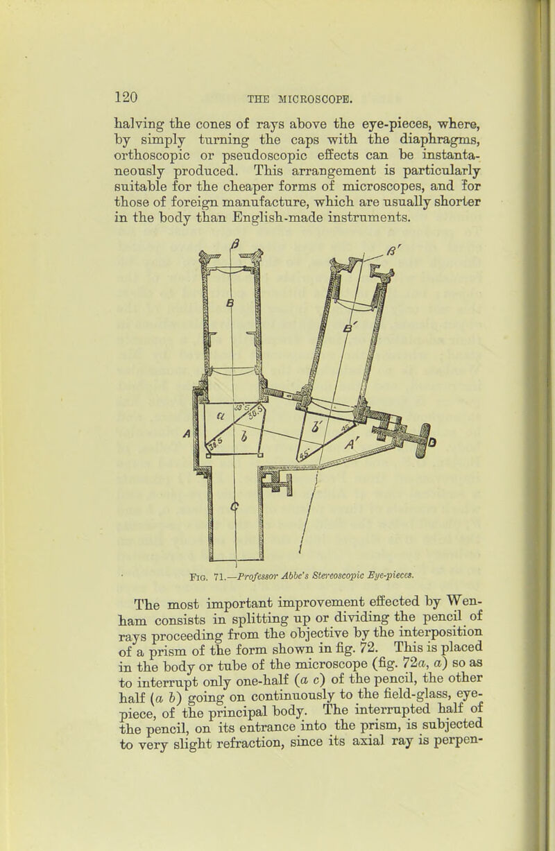 halving the cones of rays above the eye-pieces, where, by simply turning the caps with the diaphragms, orthoscopic or pseudoscopic effects can be instanta- neously produced. This arrangement is particularly suitable for the cheaper forms of microscopes, and for those of foreign manufacture, which are usually shorter in the body than English-made instruments. Fig. 71.—Professor Abbe's Stereoscopic Bye-pieces. The most important improvement effected by Wen- ham consists in splitting up or dividing the pencil of rays proceeding from the objective by the interposition of a prism of the form shown in fig. 72. This is placed in the body or tube of the microscope (fig. 72a-, a) so as to interrupt only one-half (a c) of the pencil, the other half (a h) going on continuously to the field-glass, eye- piece, of the principal body. The interrupted half of the pencil, on its entrance into the prism, is subjected to very slight refraction, since its axial ray is perpen-