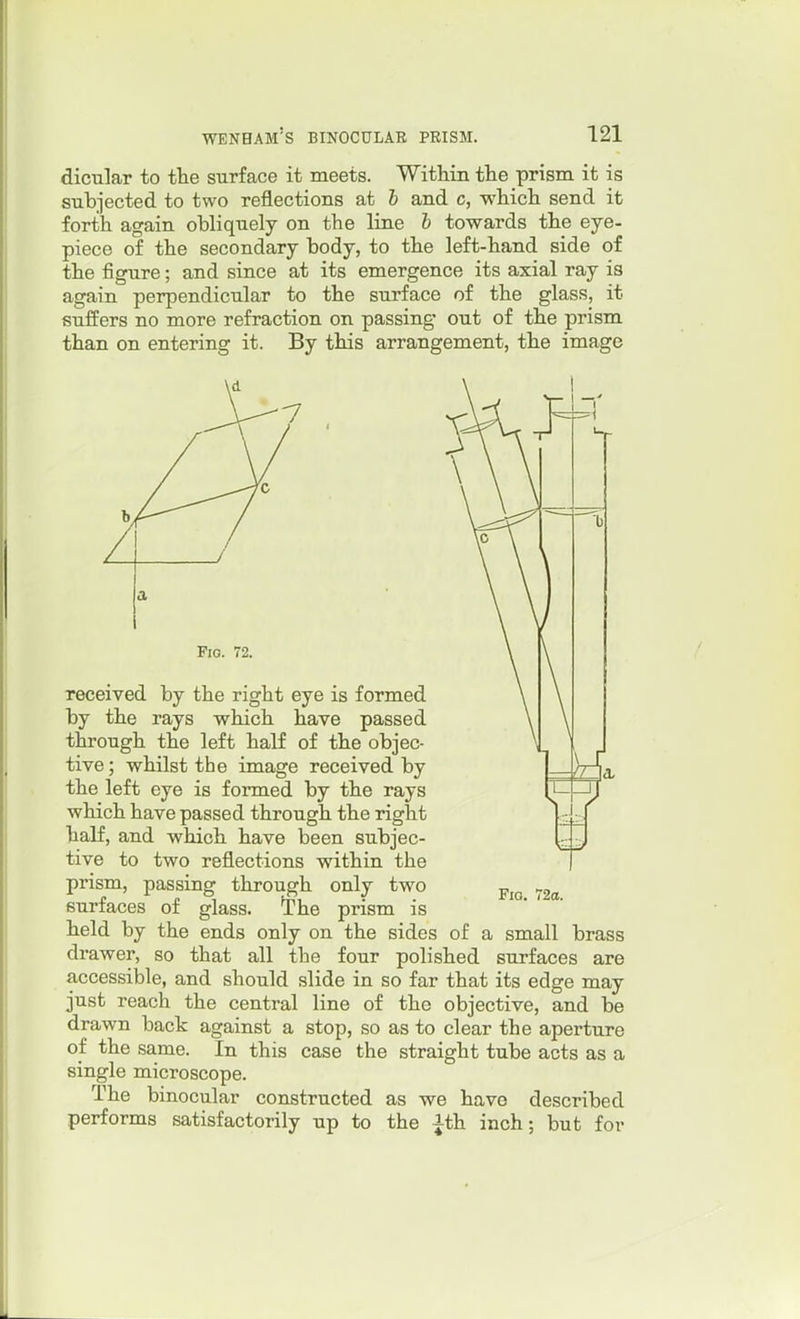 dicnlar to the surface it meets. Within the prism it is subjected to two reflections at b and c, which send it forth again obliquely on the line b towards the eye- piece of the secondary body, to the left-hand side of the figure; and since at its emergence its axial ray is again perpendicular to the surface of the glass, it suffers no more refraction on passing out of the prism than on entering it. By this arrangement, the image Fig. 72. received by the right eye is formed by the rays which have passed through the left half of the objec- tive ; whilst the image received by the left eye is formed by the rays which have passed through the right half, and which have been subjec- tive to two reflections within the prism, passing through only two surfaces of glass. The prism is held by the ends only on the sides of a small brass drawer, so that all the four polished surfaces are accessible, and should slide in so far that its edge may just reach the central line of the objective, and be drawn back against a stop, so as to clear the aperture of the same. In this case the straight tube acts as a single microscope. The binocular constructed as we have described performs satisfactorily up to the ^th inch; but for Fio. 72a.