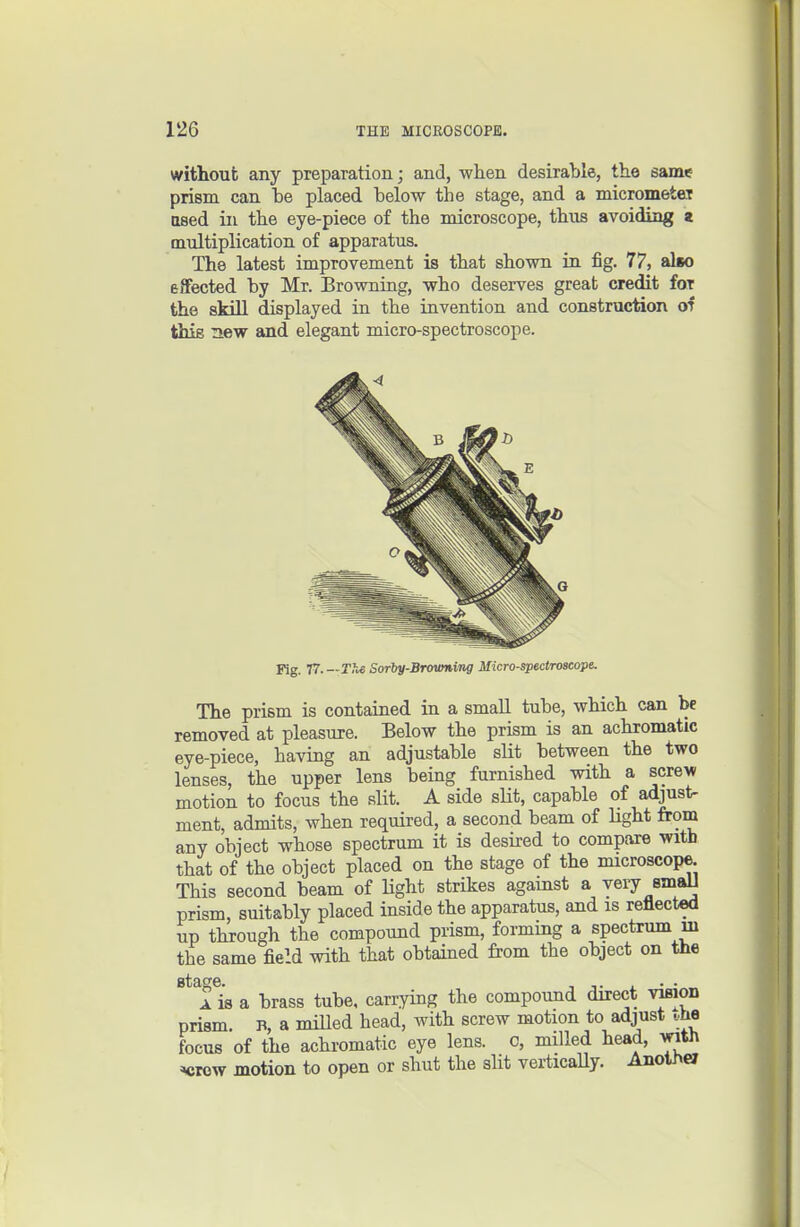 without any preparation; and, when desirable, the same prism can be placed below the stage, and a micrometei Qsed in the eye-piece of the microscope, thus avoiding z multiplication of apparatus. The latest improvement is that shown in fig. 77, also effected by Mr. Browning, who deserves great credit for the alrill displayed in the invention and construction of thiB ■^lew and elegant micro-spectroscope. Fig. 77. —The Sorby-Browning Micro-spectroscope. The prism is contained in a small tube, which can be removed at pleasure. Below the prism is an achromatic eye-piece, having an adjustable slit between the two lenses, the upper lens being furnished with a screw motion to focus the slit. A side sUt, capable of adjust- ment, admits, when required, a second beam of Hght from any object whose spectrum it is desired to compare with that of the object placed on the stage of the microscope. This second beam of Hght strikes against a very smaU prism, suitably placed inside the apparatus, and is reflected up through the compound prism, forming a spectrum ui the same field with that obtained from the object on the I is a brass tube, carrying the compound direct viflion prism. B, a milled head, with screw motion to adjust .he focus of the achromatic eye lens, c, milled head, with ^row motion to open or shut the slit verticaUy. AIlot^«