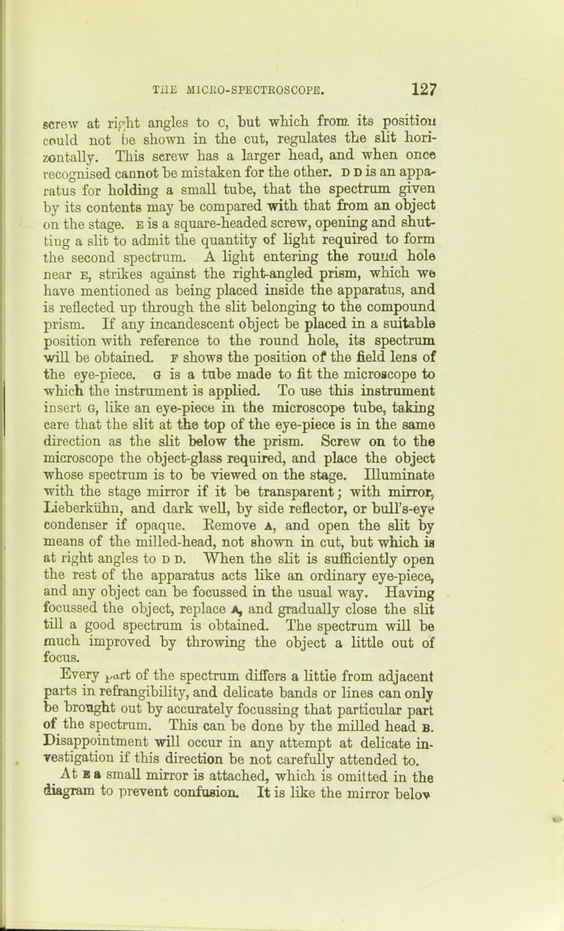 screw at lio-ht angles to c, but wMch from, its position could not be shown in the cut, regulates the slit hori- zontally. This serew has a larger head, and when one© recognised cannot he mistaken for the other, d D is an appa- ratus for holding a small tube, that the spectrum given by its contents may be compared with that from an object on the stage. B is a square-headed screw, opening and shut- ting a sHt to admit the quantity of light required to form the second spectrum. A light entering the rouiid hole near e, strikes against the right-angled prism, which we have mentioned as being placed inside the apparatus, and is reflected up through the slit belonging to the compound prism. If any incandescent object be placed in a suitable position with reference to the round hole, its spectrum will be obtained, p shows the position of the field lens of the eye-piece. G is a tube made to fit the microscope to which the instrument is applied. To use this instrument insert g, like an eye-piece in the microscope tube, taking care that the slit at the top of the eye-piece is in the same direction as the sHt below the prism. Screw on to the microscope the object-glass required, and place the object whose spectrum is to be viewed on the stage. Illuminate with the stage mirror if it be transparent; with mirror^ Lieberklihn, and dark well, by side reflector, or bull's-eye condenser if opaque. Eemove A, and open the slit by means of the milled-head, not shown, in cut, but which ia at right angles to D D. When the slit is sufficiently open the rest of the apparatus acts like an ordinary eye-piece, and any object can be focussed in the usual way. Having focussed the object, replace A, and gradually close the slit till a good spectrum is obtained. The spectrum will be much improved by throwing the object a little out of focus. Every part of the spectrum differs a little from adjacent parts in refrangibUity, and delicate bands or lines can only be broTight out by accurately focussing that particular part of the spectrum. This can be done by the milled head b. Disappointment will occur in any attempt at delicate in- vestigation if this direction be not carefully attended to. At Ba small mirror is attached, which is omitted in the diagram to prevent confusion. It is like the mirror belov