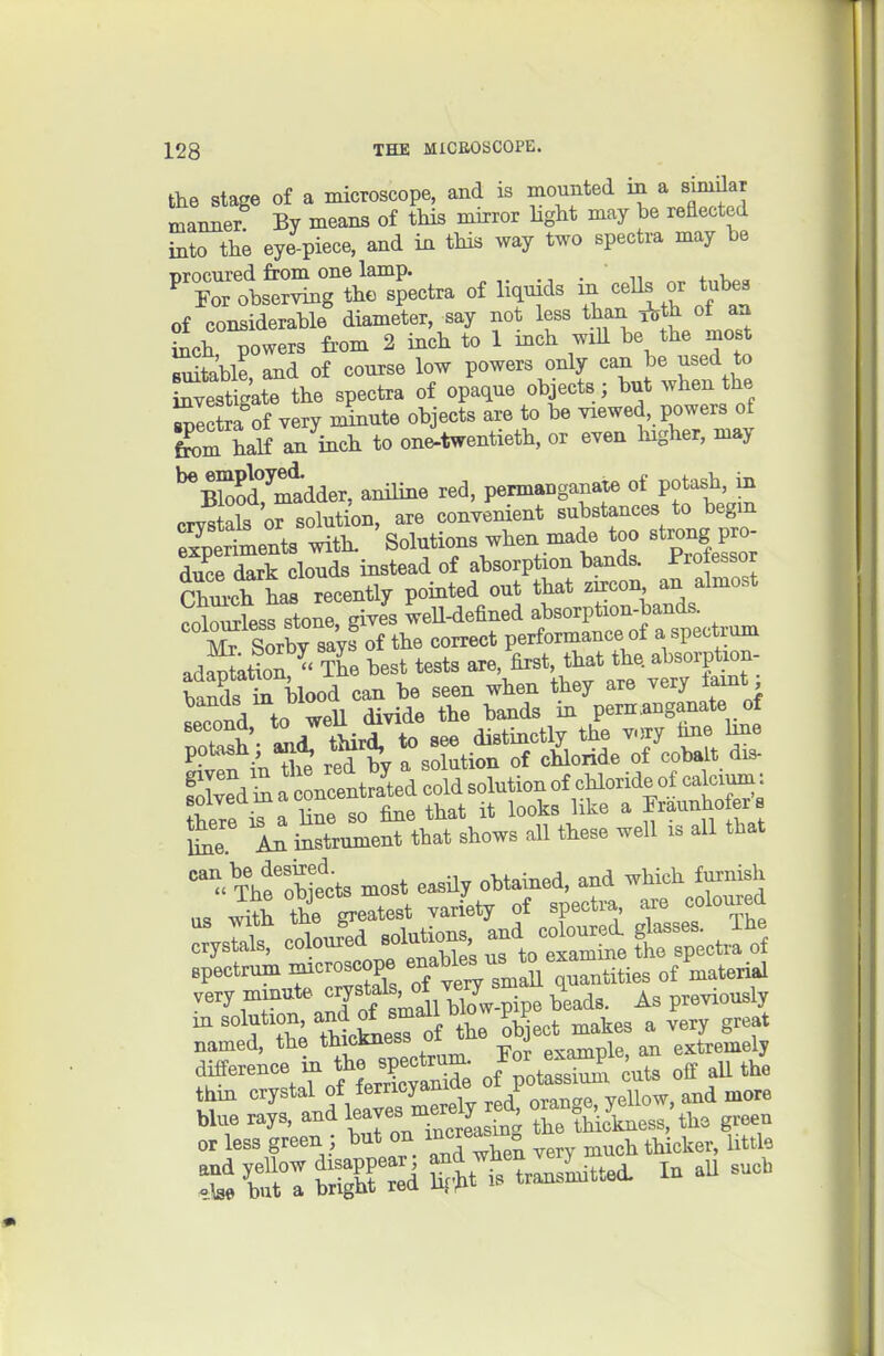 the stage of a microscope, and is mounted in a simUar manner By means of this mirror light may be reiected £to the eye piece, and in this way two spectra may be ^Xls~beTectra of li.^ds in ceHs or tub. of considerable diameter, say not less than ^th ot an ^ch Towers feom 2 inch to 1 inch will be the most Sble and of course low powers only can be used to i^esuXthe spectra of opaque objects; but when the Sic ra of very ndnute objects are to be viewed powers of £ half an inch to one-twentieth, or even higher, may ^Bbod madder, aniline red, pemanganate of potash, in crystals ofsolution, are conTenient substances to begm :?perLnts with. Solutions when made too strong pro- duce dark clouds instead of absorption bands. I'rotessor cZch ha^ recently pointed out that zircon an almost COWess ?tone, gives weU-defined absorption-bands. So^^^^^^ of the correct performance of a spectrum adSatton  The best tests are, first, that the absorption Sie 1^ instrument that shows all these well is all that T^fobiects most easUy obtained, and which furnish OS latest variety of spectra are co W crystals, -loured soM^^^^^ r^^S^ml^e ^tra of spectrum Hucroscope ena^es u^^ ^^^^^^^^ ^ very ^^^ beads. As previously ^'^^J ??:^Wcta?1f the object makes a very great named, the thickness oi u j , extremely fr^naToMSe of^potS cuts off all the thm crystal ot femcyanm i ^^^^ blue rays, and fves ni^^^^^^^^^^^^^ Ztb^ckness the green or less green ; but on i^crea^^n ^^.^^^^^ ^.^^^^ ^ SHei ^^-^tt^^ransUd In aU sucb